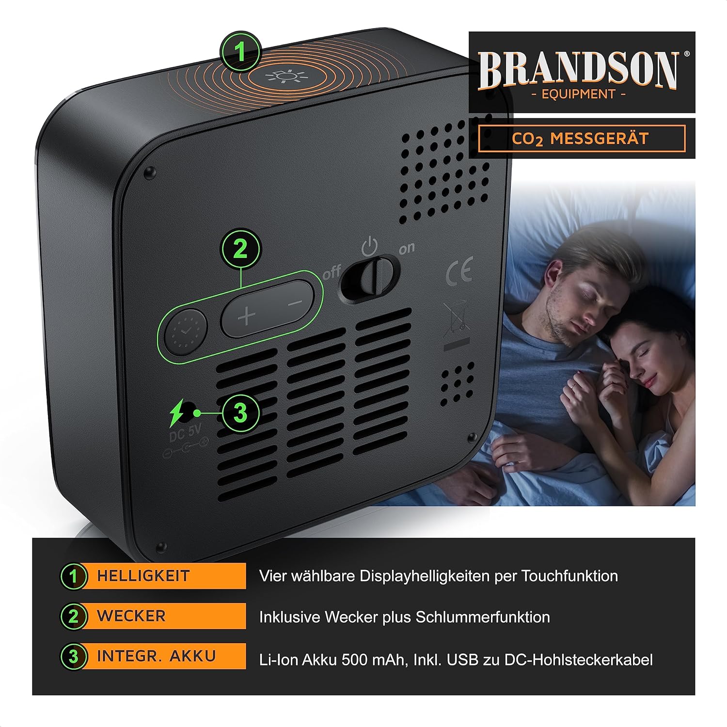 Brandson – CO2-Detektor-Messgerät, Luftqualitätstester, Kohlendioxid-Sensor-Messung PPM, CO2-Anzeige, empfohlener Alarm für Raumluftlüftung, Wecker, Temperaturthermometer, Luftfeuchtigkeits-Hygrometer – Bild 6