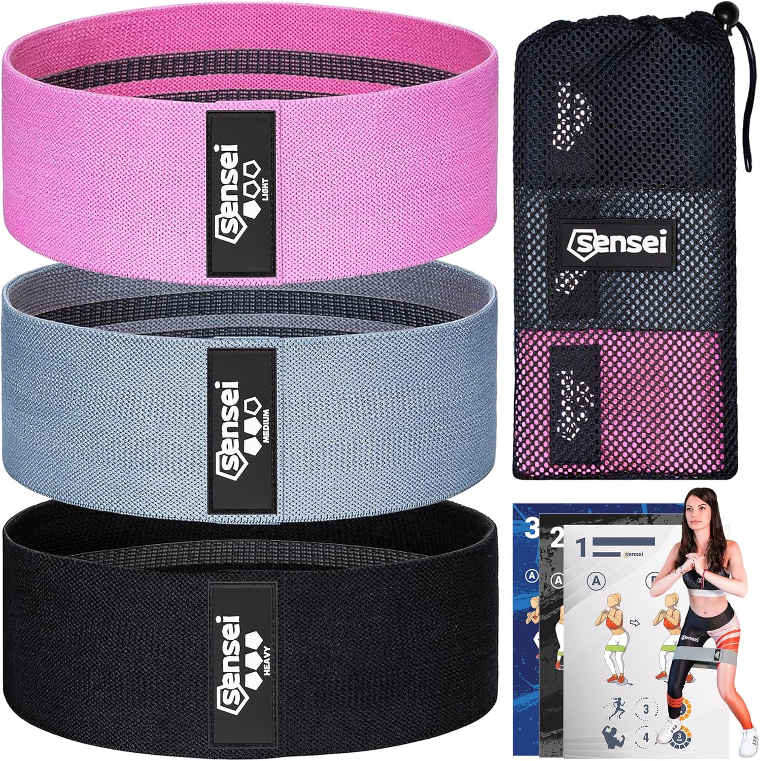 SENSEI Fitnessbänder-Set – 3 Trainingsbänder aus elastischem Stoff – rutschfeste Widerstandsbänder für Gesäß, Beine, Pilates und Krafttraining