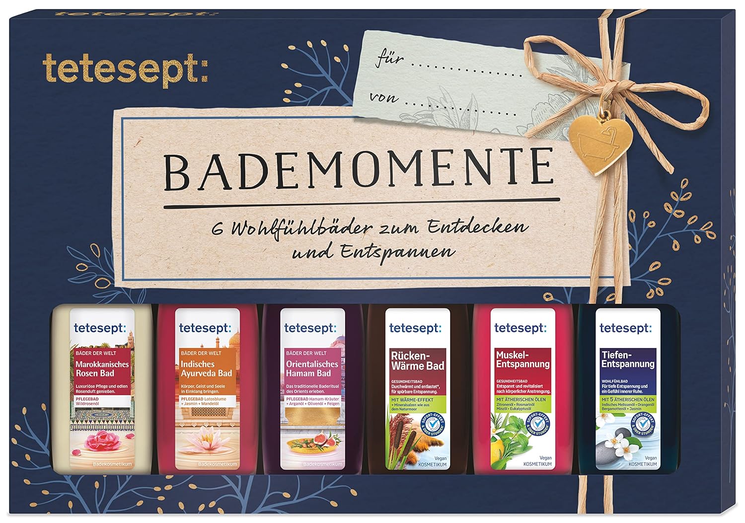 Tetesept Bäder Geschenkset Verwöhnmomente, Badeessenz Probierset mit Geschenkanhänger, das ideale Geschenk für jeden Anlass, 1 x Badeset (6 x 20 ml)