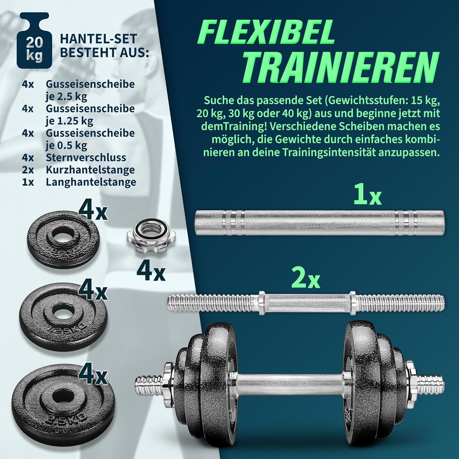 RE:SPORT 2 in 1 Hantelset 15-60 kg | Hantelset Gusseisen verstellbar | Kurzhantel und Langhantel | Spinlock-Kragen und Verbindungsrohr – Bild 5