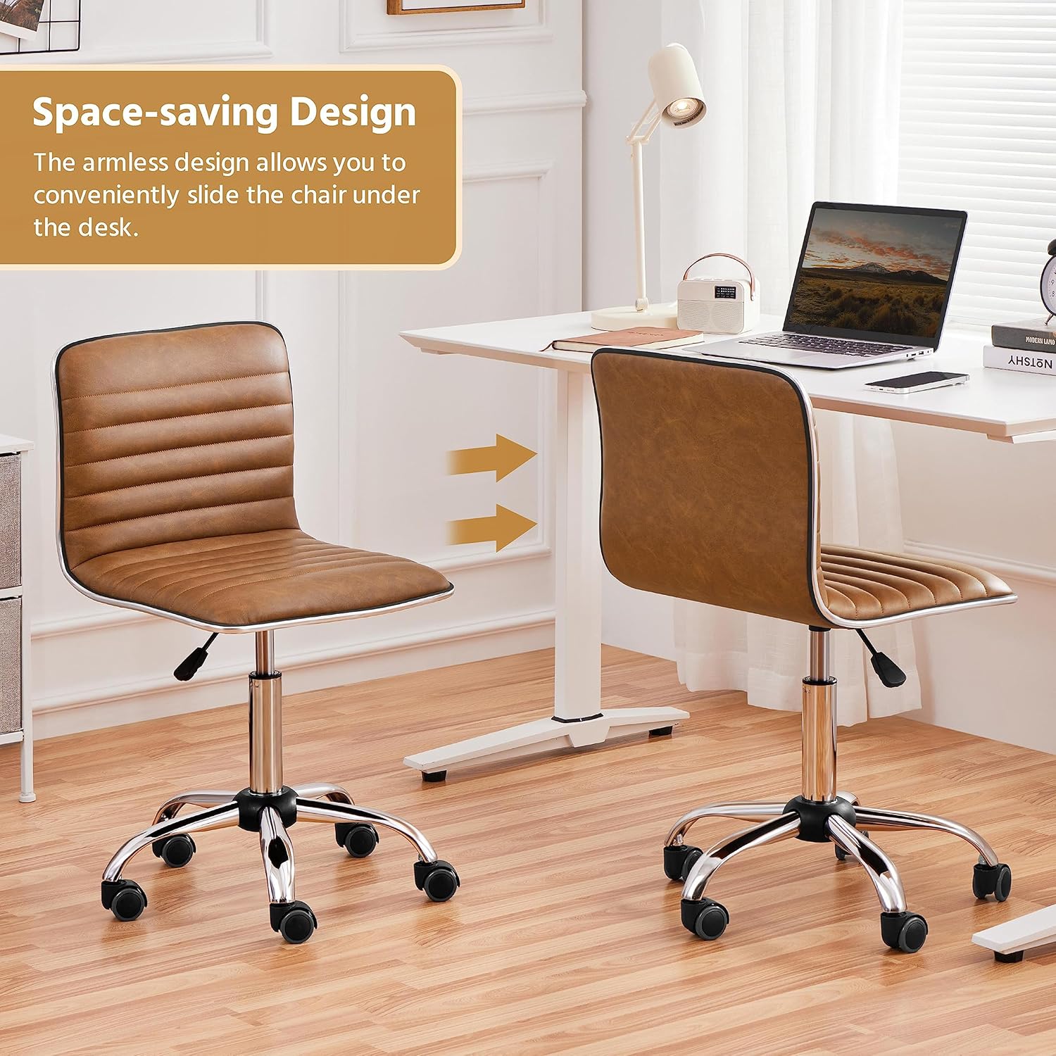 Yaheetech Bürodrehstuhl, ergonomischer Schreibtischstuhl, Drehstuhl mit Rollen, ohne Armlehne, 360° frei drehbar, höhenverstellbar, Kunstleder, Retro-Braun – Bild 4