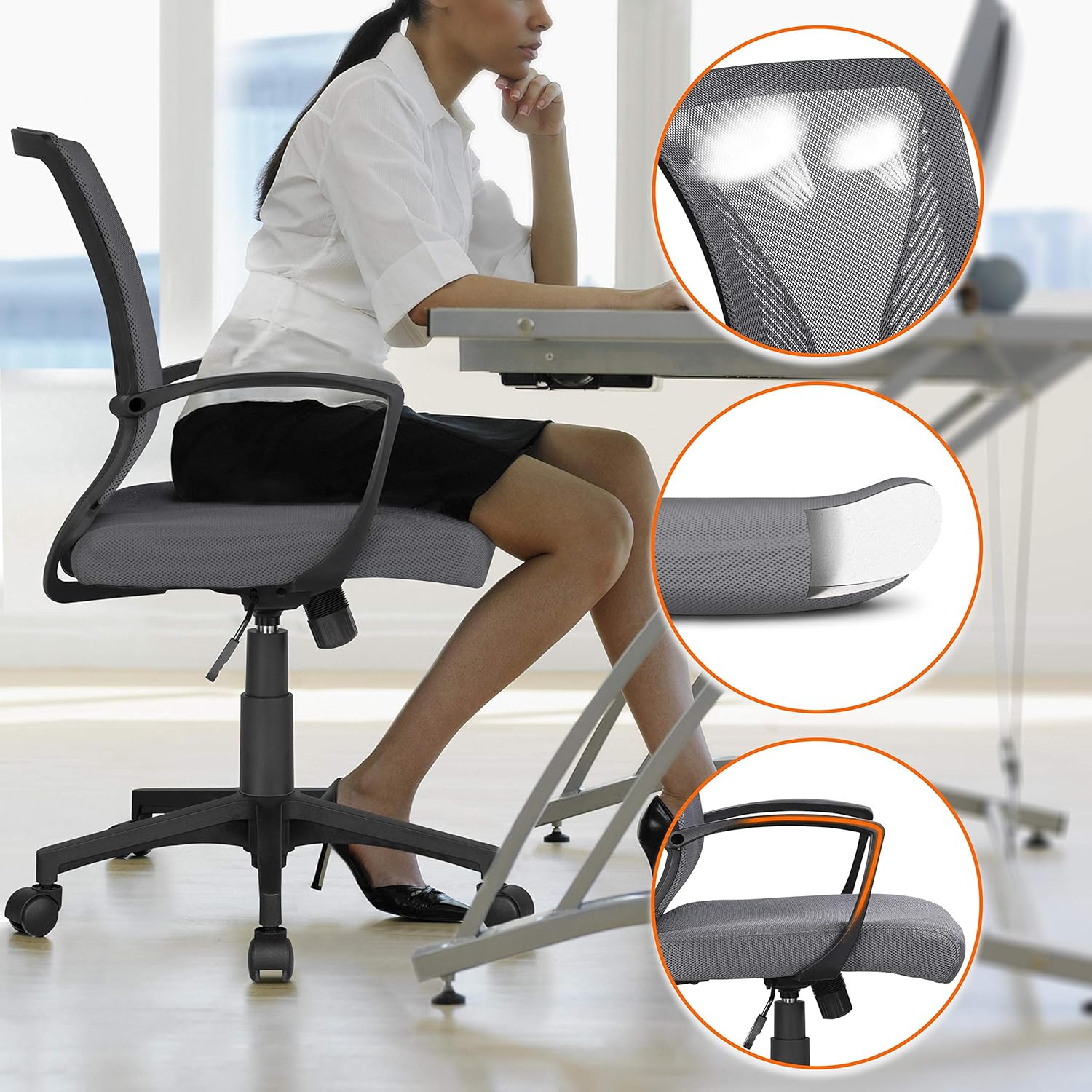 Yaheetech Ergonomischer Bürostuhl, Schreibtischstuhl mit Netzbezug, Arbeitsstuhl mit Armlehnen, Netz-Chefsessel, höhenverstellbarer Computerstuhl, Belastbarkeit 136 kg, atmungsaktiv, Wippfunktion, dunkel – Bild 5