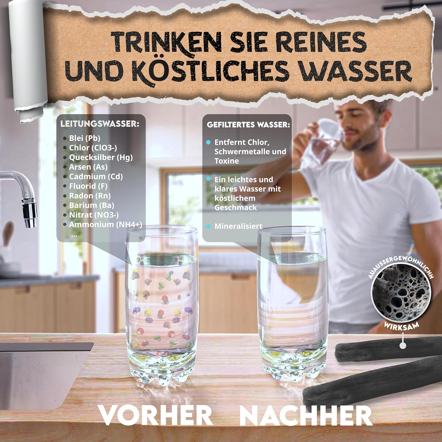 Baytiz Aktivkohle-Wasserfilter – Binchotan Aktivkohlefilter zur Wasseraufbereitung – Wasserfilter-Karaffen, Kohle-Wasserreiniger, Kohle-Trinkflasche, Kohlefilter, Trinkwasser mm – Bild 2