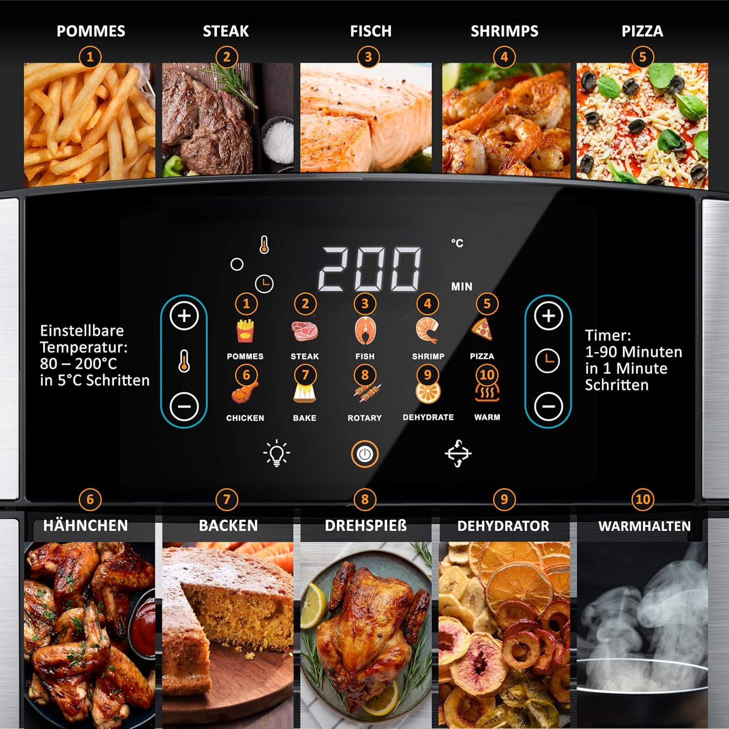 Arendo – XXL Smart WiFi Heißluftfritteuse – extra groß, 16 Liter – Ofenkonvektion – Grill – Dörrgerät – Luftfritteuse – Touchscreen – einfach und sauber – Fritteuse ohne Öl – Pizza-Hähnchen-Pommes – BPA-frei – Bild 4