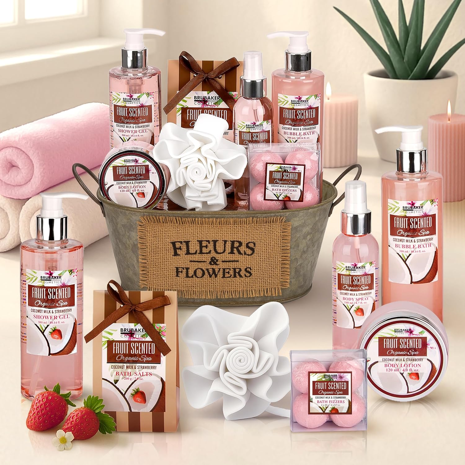 Brubaker Cosmetics Bade- und Duschset mit Kokosnuss- und Erdbeerduft, 10-teiliges Geschenkset in Vintage-Wanne – Bild 2