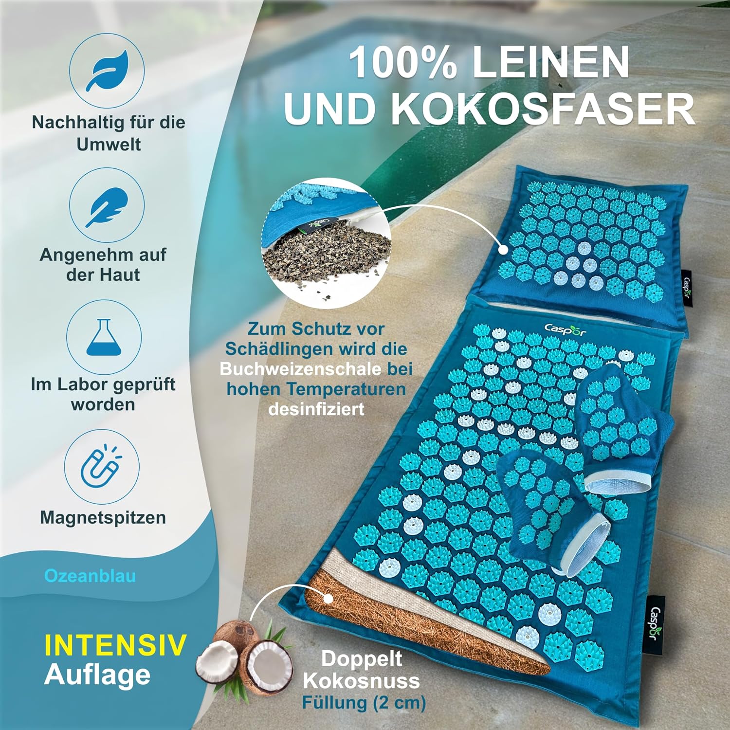 Akupressurmatten-Set mit Kissen (Intensiv), Tasche, Massagehandschuhen, Akupunkturmatte aus Leinen mit Kokosfasern, Akupressurmatte hilft bei Verspannungen, Rückenschmerzen Caspor – Bild 2