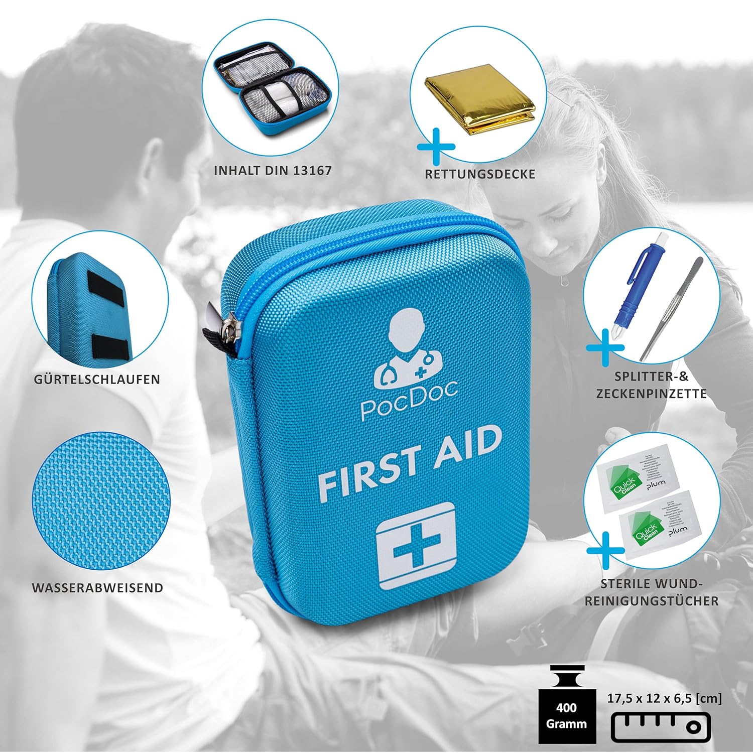 PocDoc Outdoor Smart Erste-Hilfe-Set nach DIN 13167 mit App – Reise, Sport & Motorrad + Pinzette & Wundreinigungstücher – Bild 2