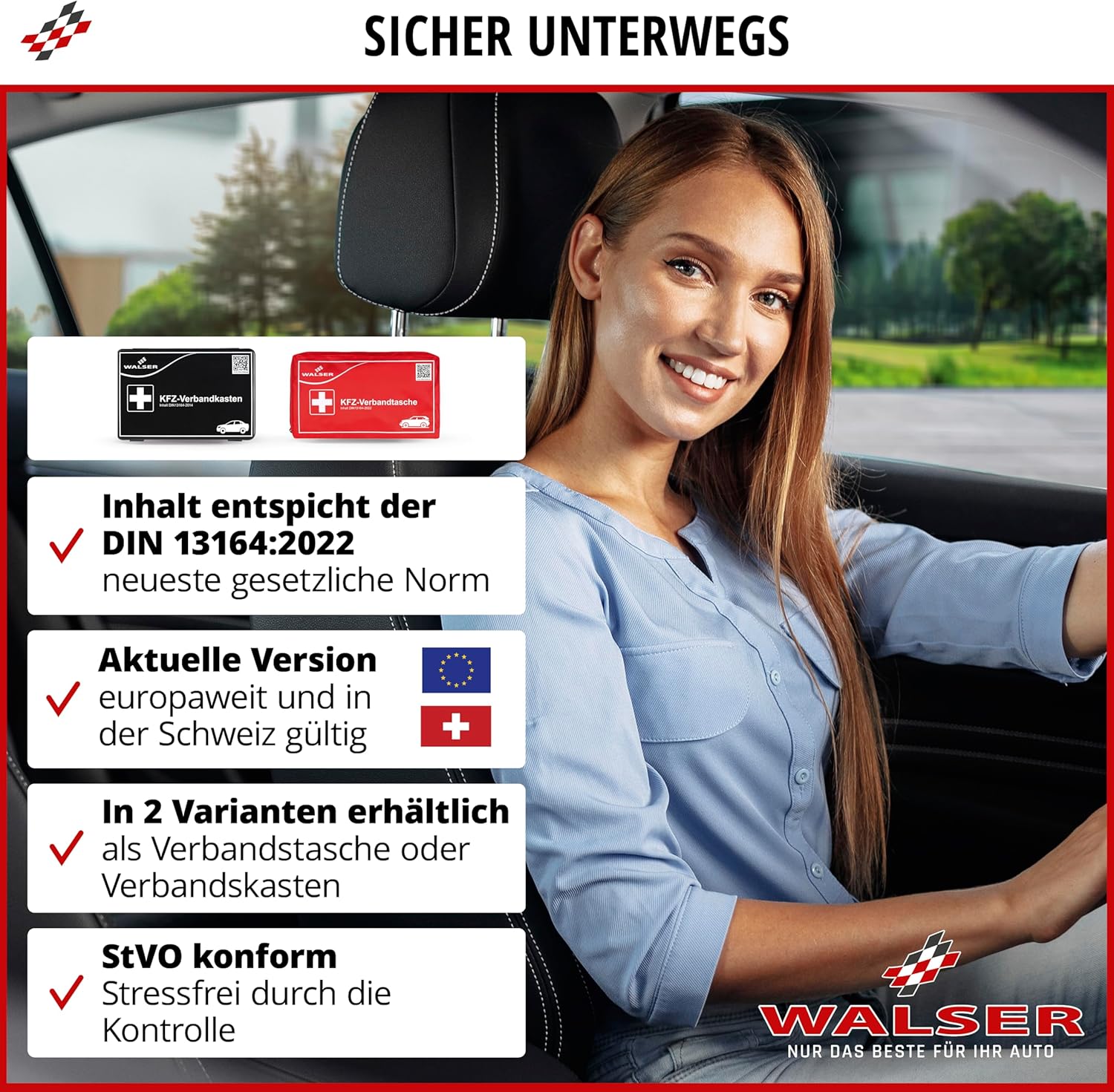 WALSER Verbandskasten Auto 2026, Verbandskasten Auto Auszeichnung sehr gut, Verbandskasten Auto 2026 europaweit einsetzbar, Verbandskasten, Verbandstasche Auto, Verbandskasten DIN 13164 – Bild 2