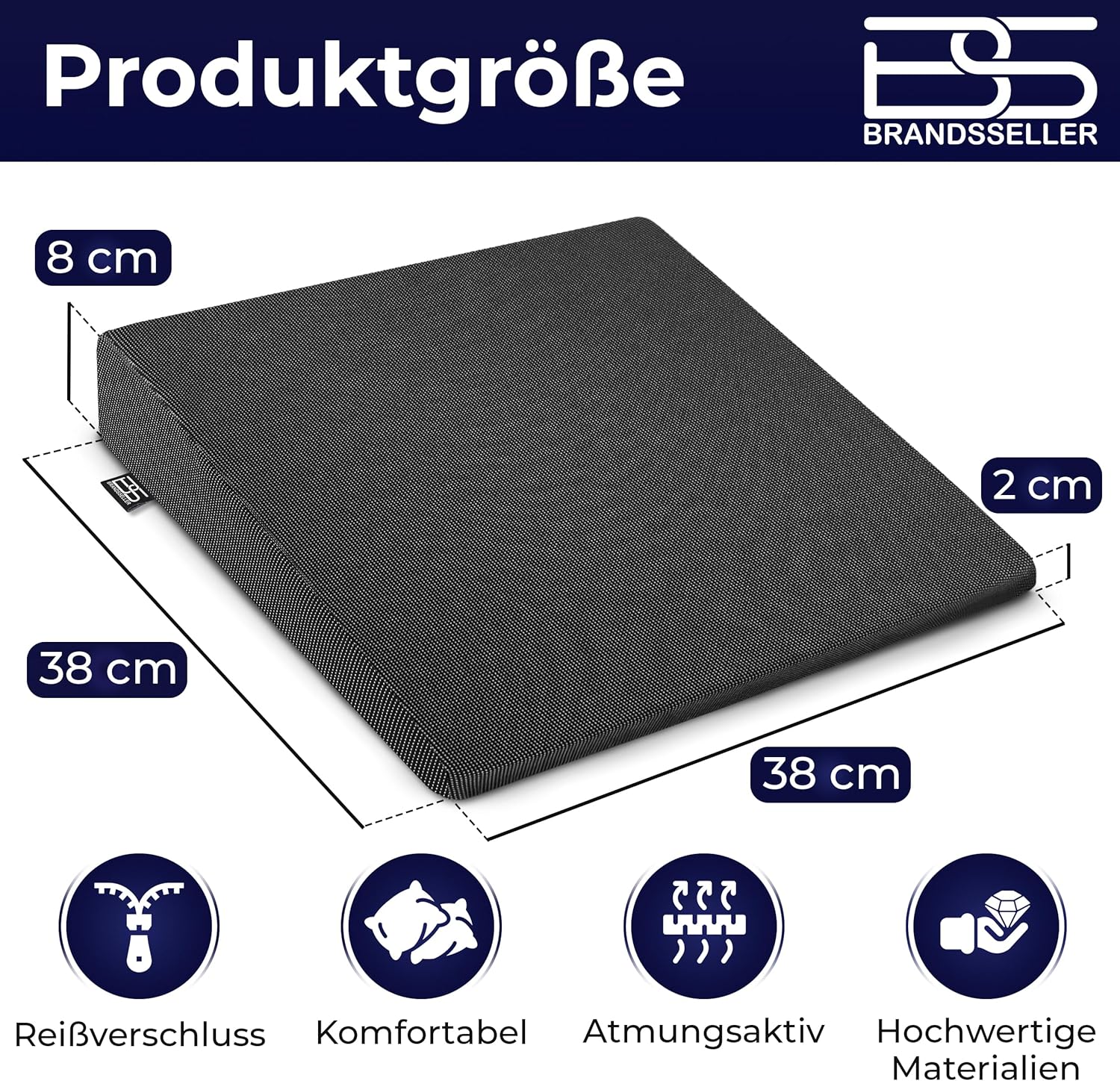 Brandsseller Sitzkeilkissen für Stühle, Autositz, Bürostuhl, 38 cm x 38 cm x 8/2 cm – Bild 2