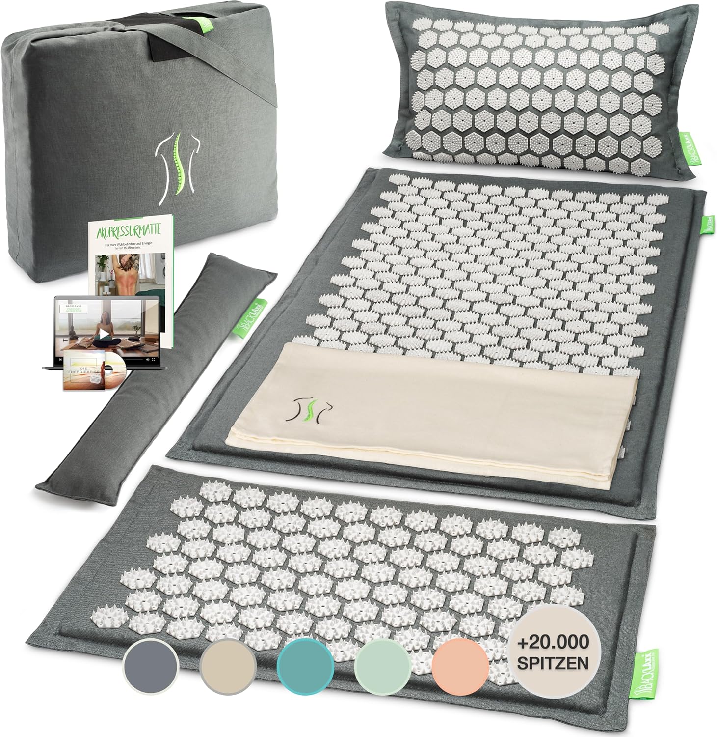 BACKLAXX Akupressurmatten-Set mit Kissen, Tuch & Tasche, XL-Akupressurmatte, 120 % mehr Fläche, Akupunkturmatte mit Spikes zur Massage, Akupressurmatte für Nacken und Schulter, Massagematte Rücken
