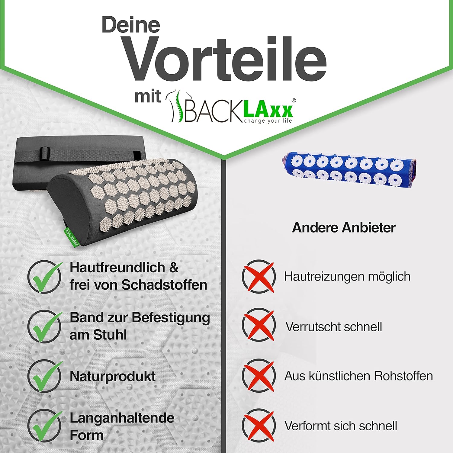 BACKLAXX Akupressurkissen Nacken – Nackenkissen bei Verspannungen an Schulter, Nacken, Rücken und Fuß – Akupressurkissen bei Kopfschmerzen und Migräne – Akupressur-Nackenrolle – Bild 6
