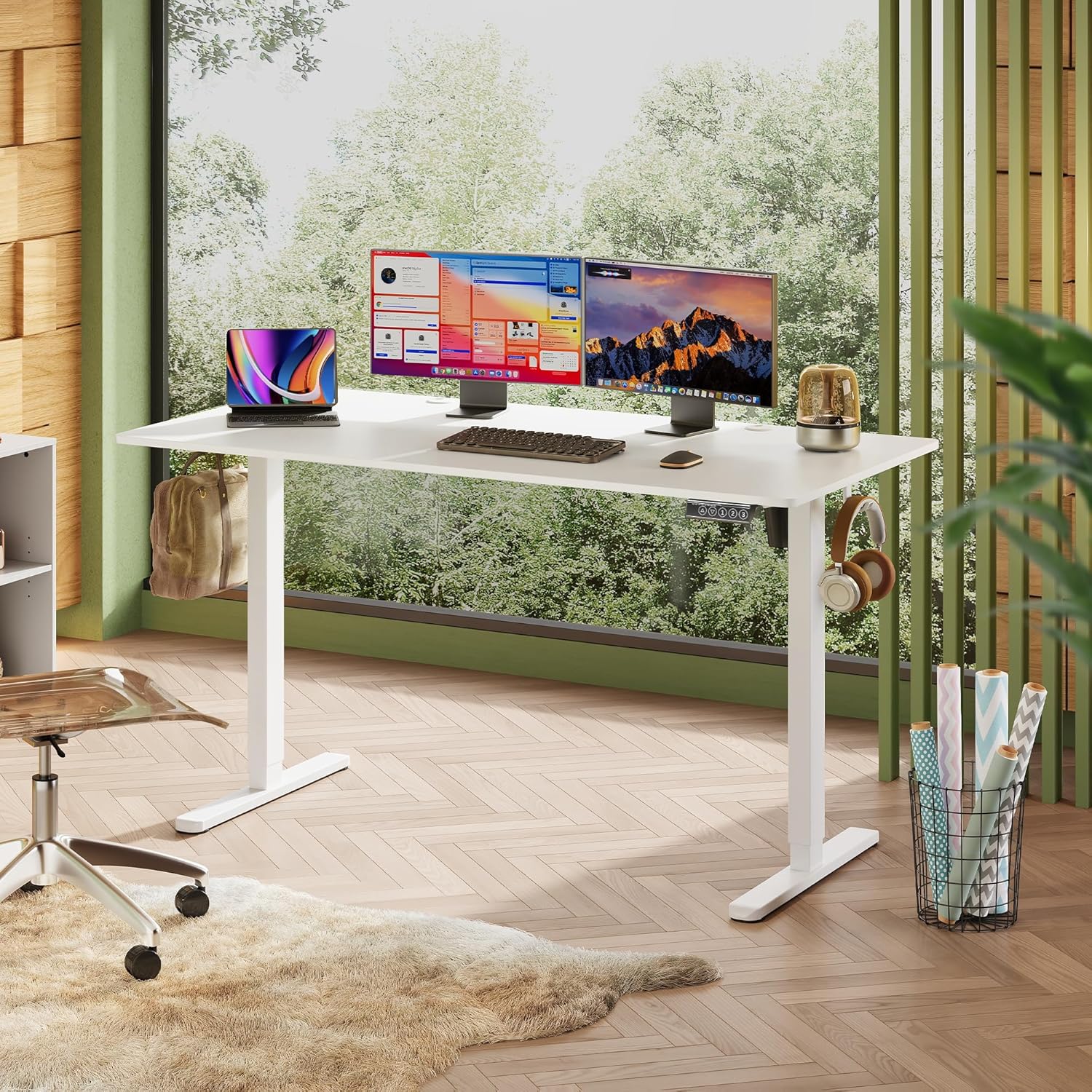 DEVAISE Höhenverstellbarer Schreibtisch 140 x 70 cm, mit einteiliger Tischplatte und leisem Motor, Sitz-Steh-Schreibtisch mit Memory-Funktion für 3 Höhen, ergonomischer Computertisch fürs Büro, weiß – Bild 2