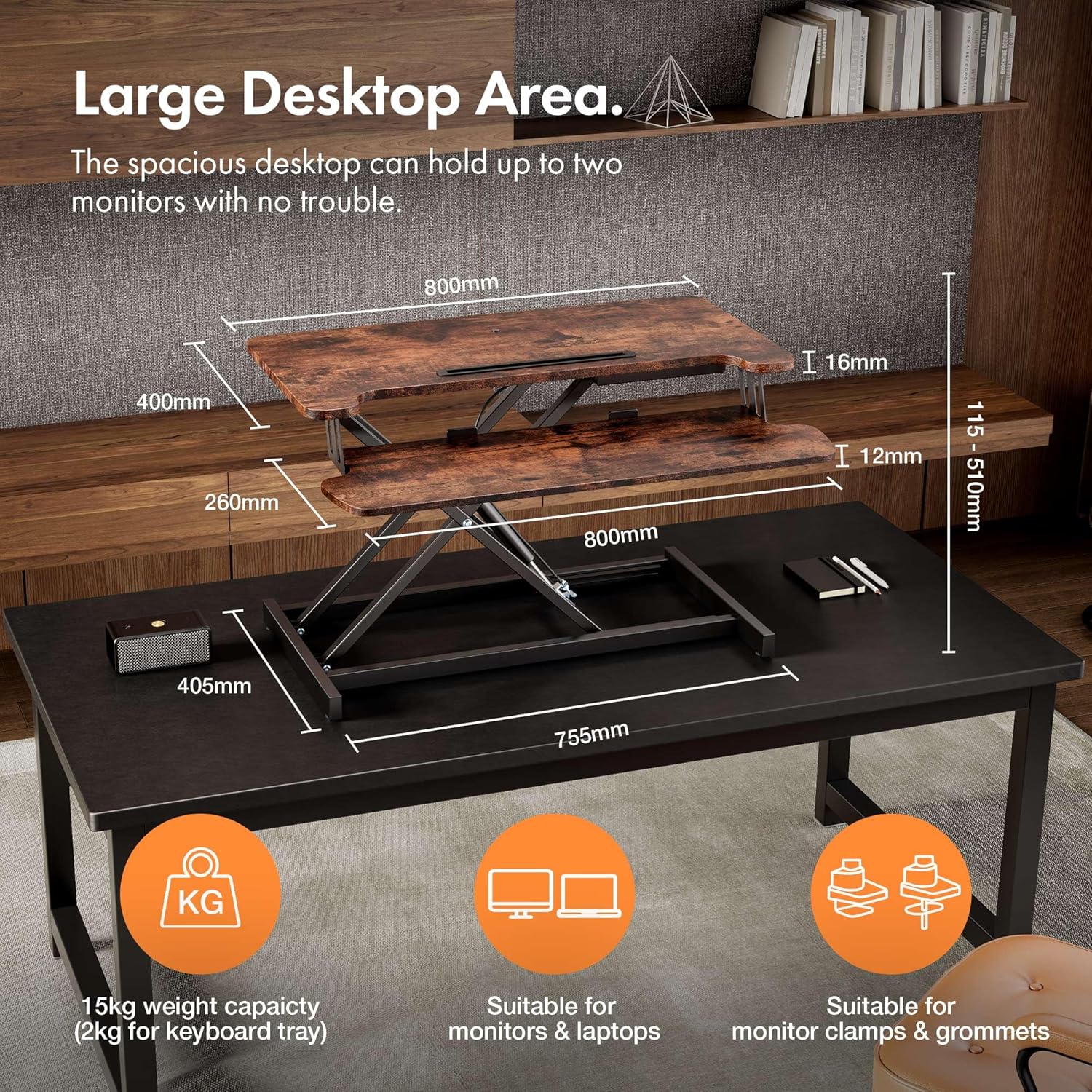 VonHaus höhenverstellbarer Schreibtischaufsatz, dunkles Holz, 80 x 40 cm, Stehsitz-Arbeitsplatz für zwei Monitore und Tablet-Fach, Stehpult-Konverter mit zwei Ebenen, Schreibtischerhöhung mit Tastaturablage – Bild 2