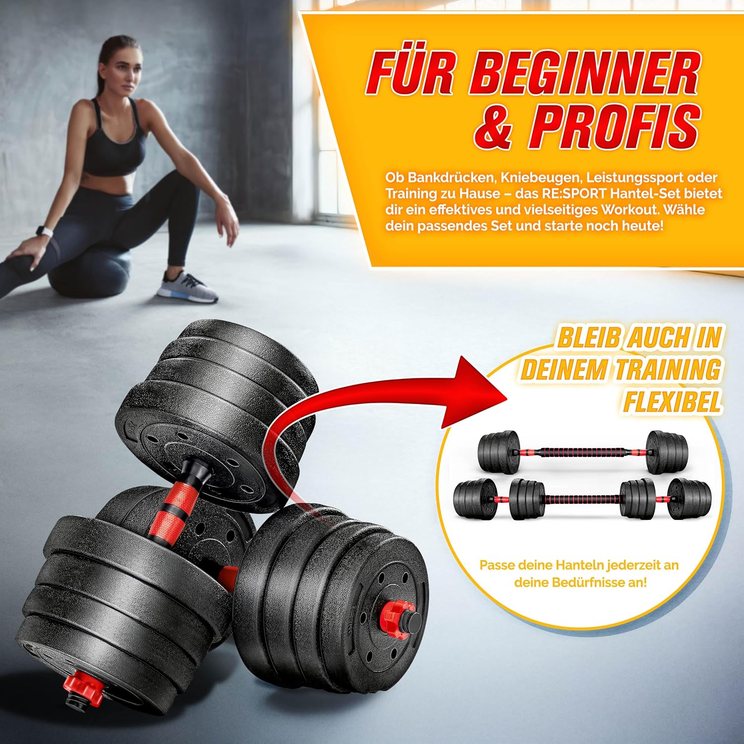 RE:SPORT 2-in-1-Hantelset 15–30 kg, verstellbare Hantel- und Langhantel-Spinlock-Kragen und Verbindungsrohr – Bild 7