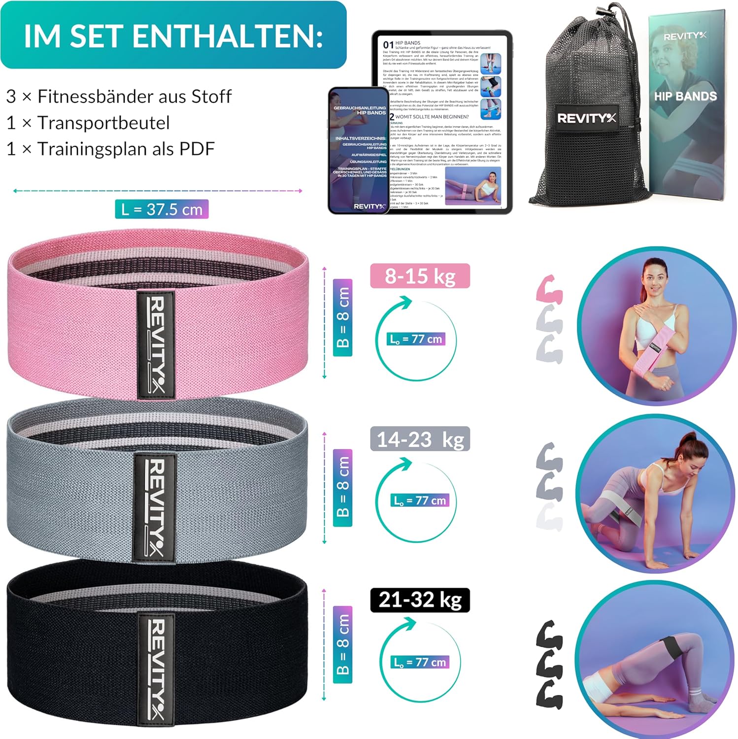 Widerstandsbänder Stoff – 3er-Set Fitnessbänder für Beine und Gesäß, rutschfest, 30-Tage-Trainingsplan PDF, Fitnessband aus Naturlatex und weichem Stoff, langlebig, mit Tragetasche – Bild 5