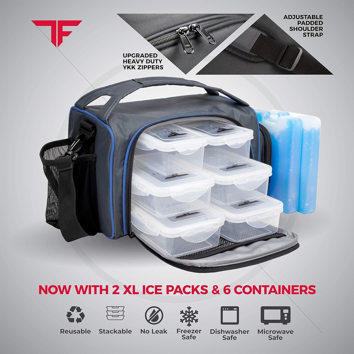 Isolierte Lunchbox mit 6 Meal-Prep-Boxen – BPA-frei, wiederverwendbar, mikrowellen- und gefriergeeignet – Lunchtasche mit Shaker-Becher, Pillen-Organizer, Schultergurt und Kühlakkus – Kühltasche blau – Bild 5