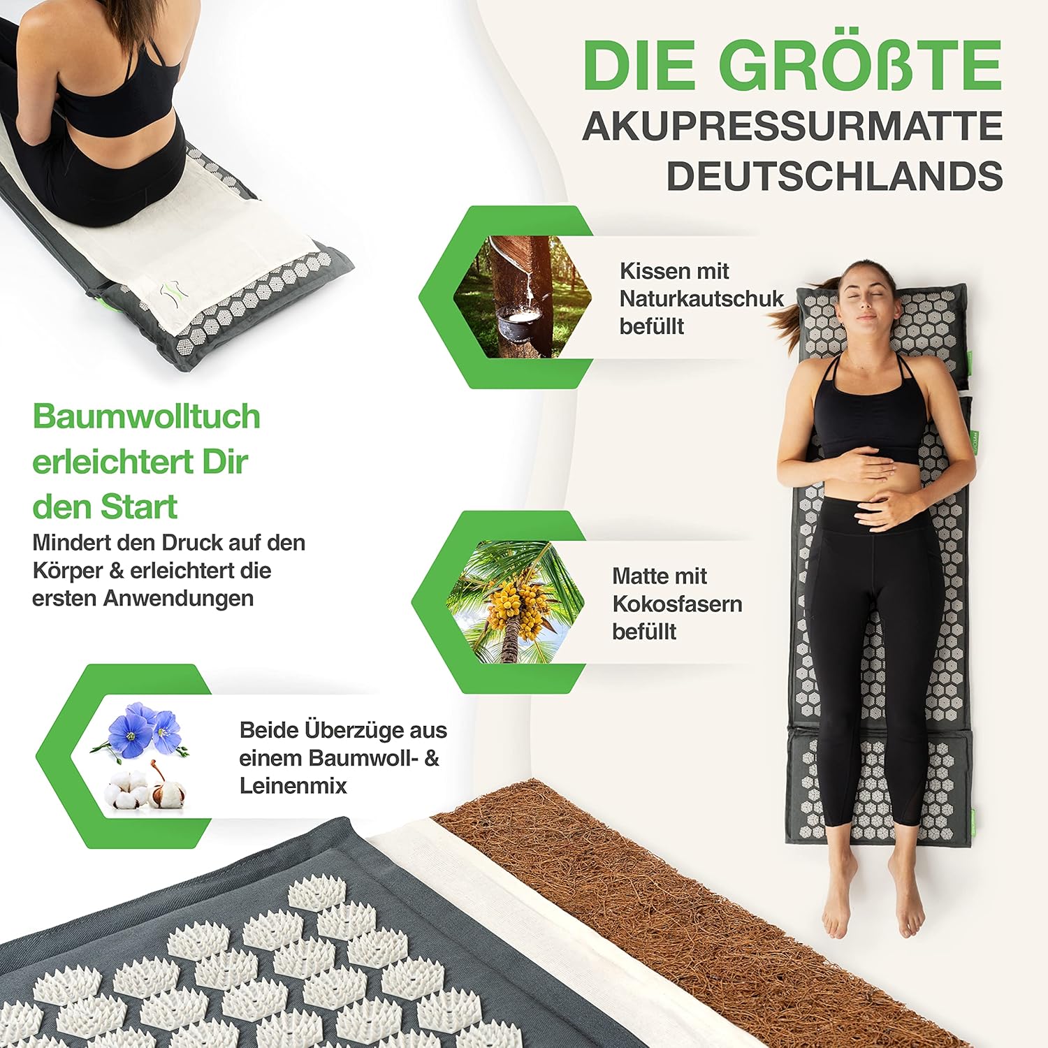 BACKLAXX Akupressurmatten-Set mit Kissen, Tuch & Tasche, XL-Akupressurmatte, 120 % mehr Fläche, Akupunkturmatte mit Spikes zur Massage, Akupressurmatte für Nacken und Schulter, Massagematte Rücken – Bild 2