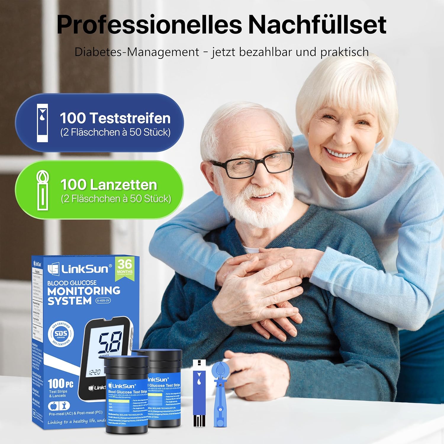 LinkSun G-425-2V Blutzuckermessgerät-Set, 100 Teststreifen, 100 Lanzetten, Blutzuckermessgerät, Stechhilfe, mmol/L & mg/dL – Bild 6