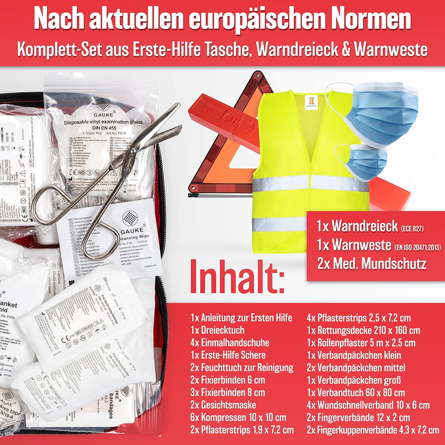 HELDENWERK PKW-Kombitasche (3 in 1) nach aktueller Norm 2026 – inkl. Warndreieck, Warnweste – Verbandskasten Warndreieck-Set Verbandskasten KFZ DIN 13164:2022 (StVO konform) – Bild 2