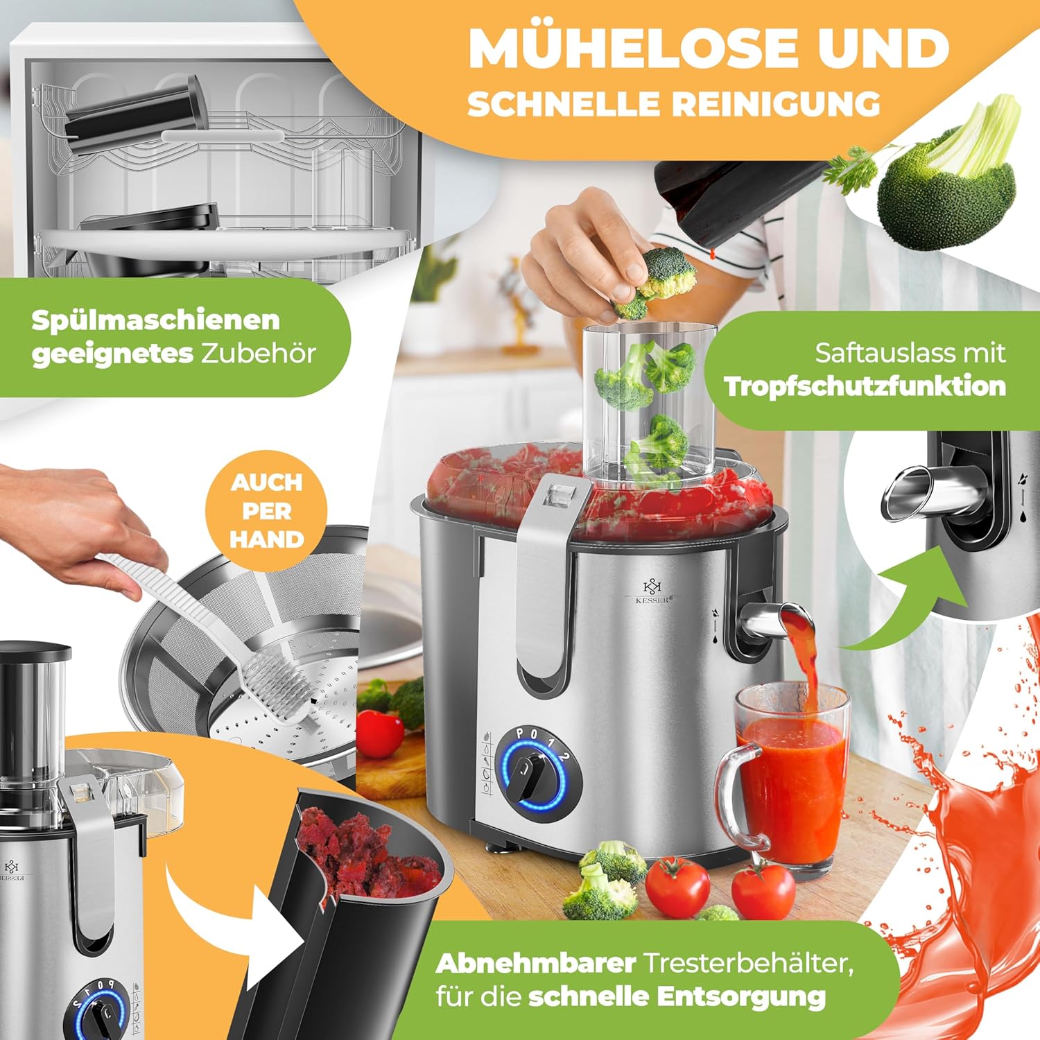 KESSER® Entsafter für Obst und Gemüse aus Edelstahl 1100W große 85 mm Einfüllöffnung inkl. Entsafter, Reinigungsbürste und Saftbehälter, 3 Geschwindigkeitsstufen – Bild 6