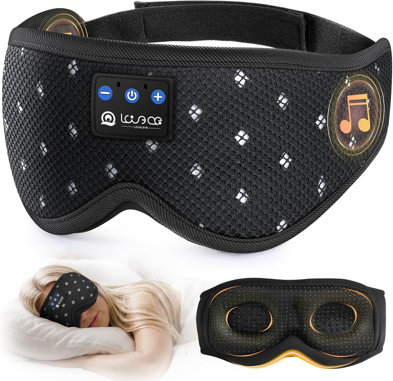 LOVE EYE Bluetooth-Schlafmaske mit Kopfhörern, 3D-Augenmaske für Seitenschläfer, ultradünne Lautsprecher, Verdunkelung, für Reisen und Entspannung (atmungsaktives Netz, schwarz)