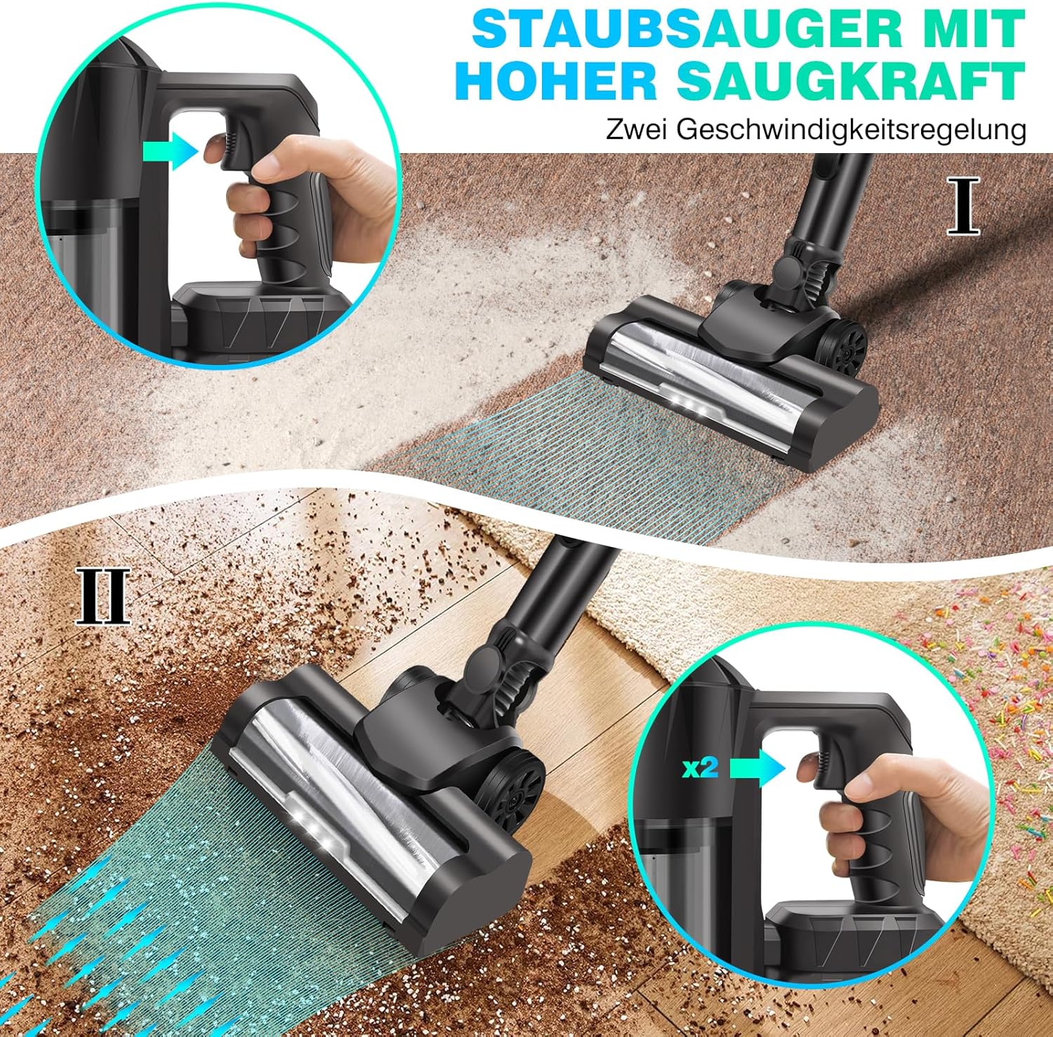 Akku-Staubsauger, 35000PA/450W/40min Staubsauger, 6-in-1-Staubsauger, Handstaubsauger mit HEPA-Filter, 3000-mAh-Akku, Ultraleichter Staubsauger kabellos für Hartböden, Teppiche, Tierhaare – Bild 4