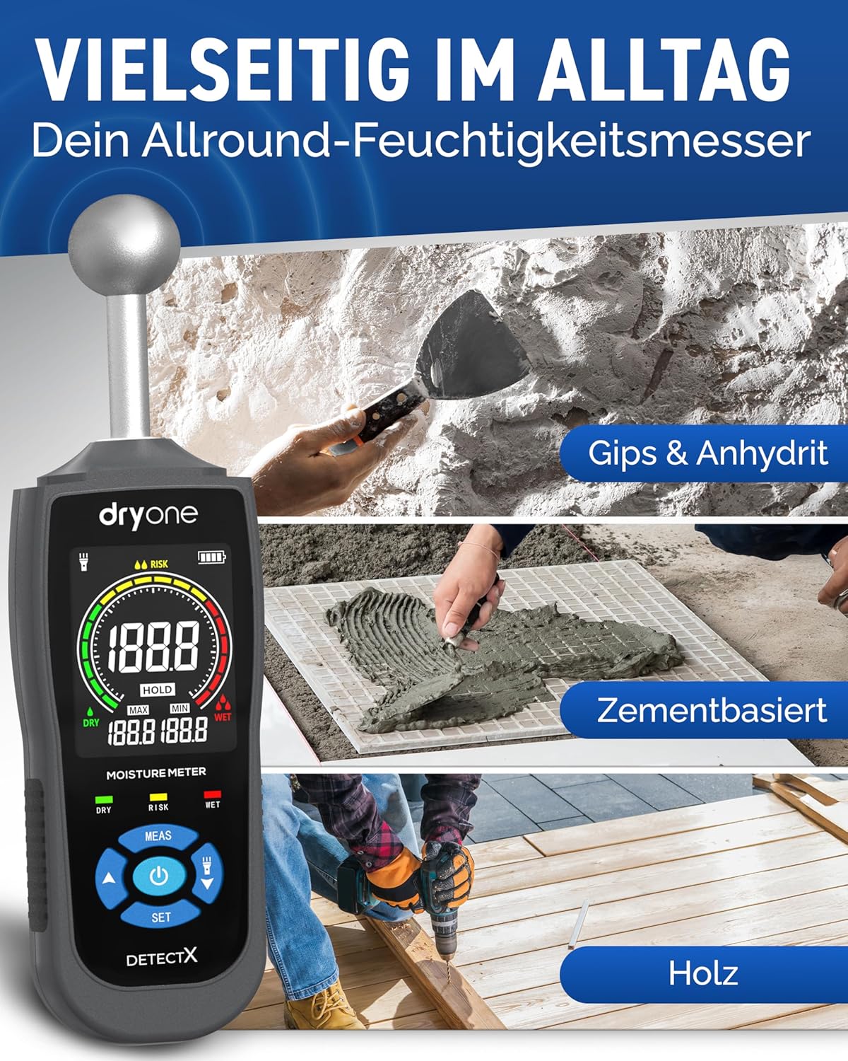 DryOne DetectX Feuchtigkeitsmessgerät für Wand, Holz, Mauerwerk, Estrich & Beton – Zuverlässige Messung & einfache Bedienung – Feuchtigkeitsmessgerät & Wandfeuchtemessgerät gegen Schimmel & Schäden – Bild 3