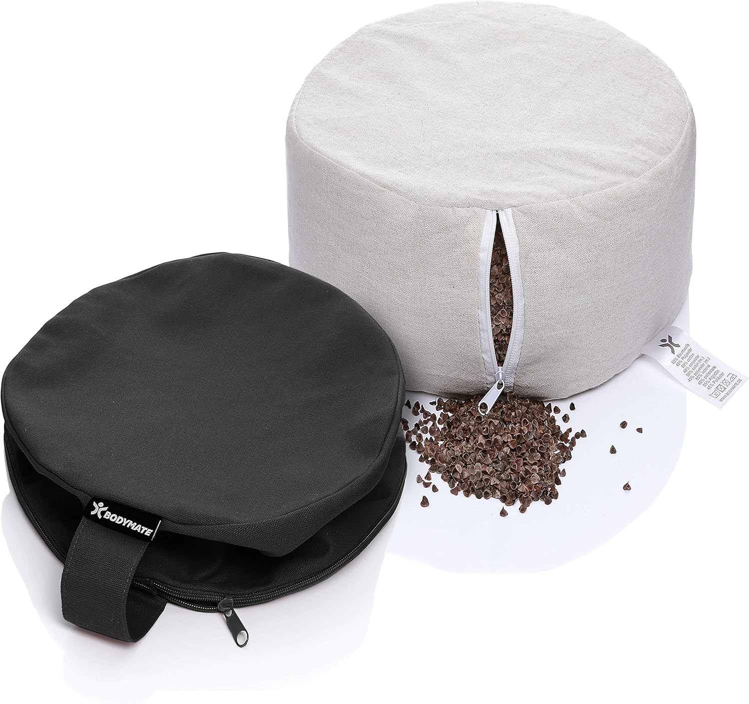 BODYMATE Extra-Hohes Yogakissen rund 31cm Durchmesser 20cm hoch Beige, Buchweizen-Spelz Füllung, Maschinenwaschbarer Bezug aus 100% extra dicker Baumwolle, Meditationskissen, Sitzkissen, Bodenkissen – Bild 5