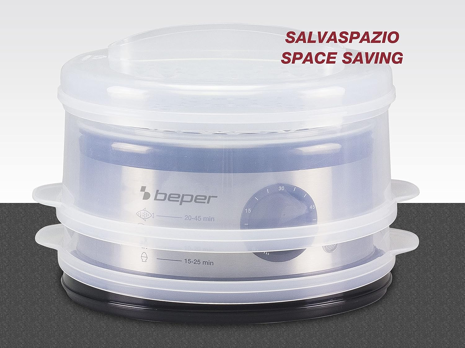 Beper – 5 l Multifunktions-Dampfgarer, kompakte Aufbewahrung, 60-Minuten-Timer, Leistung 400–500 W, – Silber und Schwarz – Bild 4