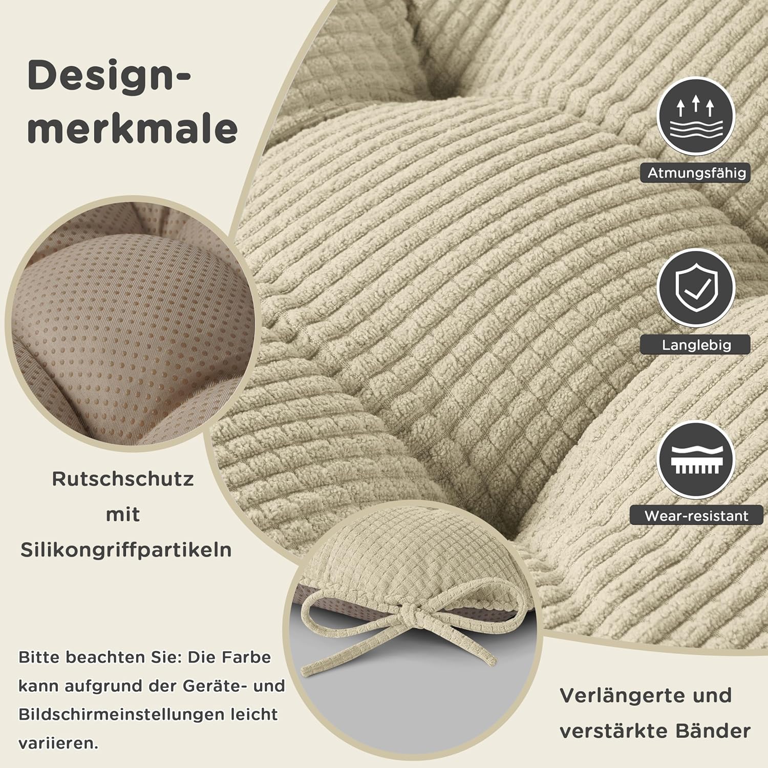 AddGrace Sitzkissen für Esszimmerstühle, 4er-Set, rutschfeste Küchensitzkissen mit Bändern, gequetschte dicke Sitzkissen für Küchen- und Esszimmermöbel, 43 x 40 x 8 cm, Beige – Bild 5