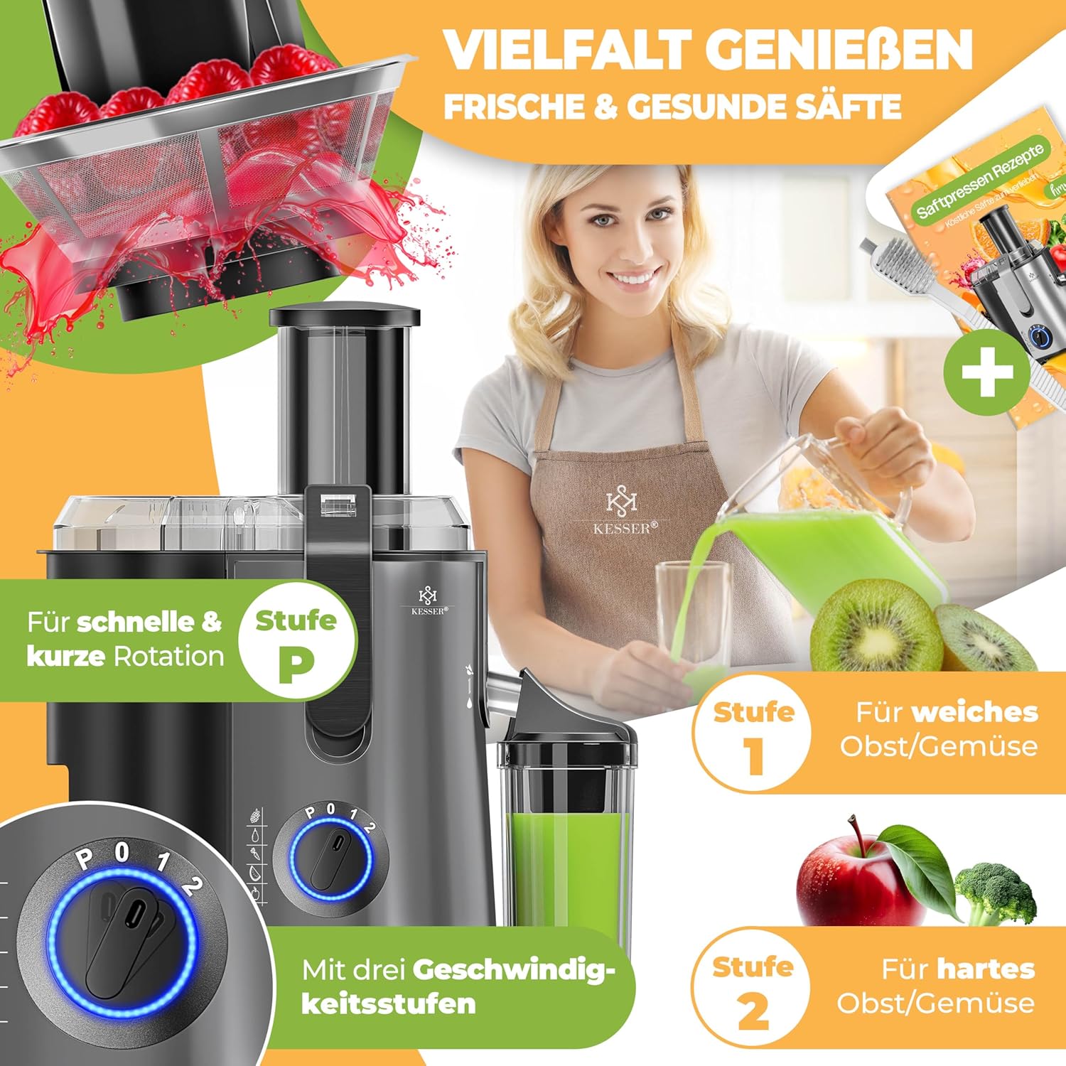 KESSER Zentrifugen-Entsafter für Obst, Gemüse aus Edelstahl, 1100 W, großes Einfüllrohr, 3 Ebenen, elektrischer Zentrifugal-Entsafter + Bürste, Saftbehälter, Rezeptbuch anthrazit – Bild 5