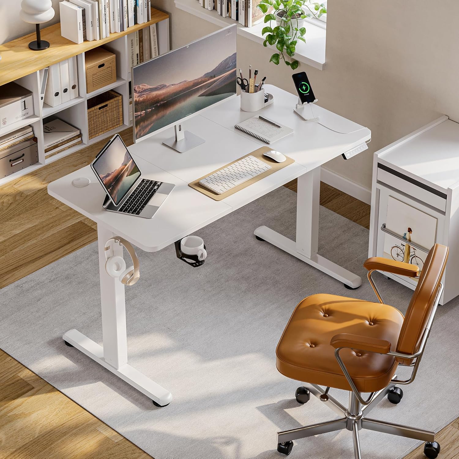 Höhenverstellbarer Schreibtisch, elektrischer Stehpult, Büro-Computertisch mit USB-C-Ladeanschluss und Memory-Funktion, Weiß Pro, 120 x 60 cm – Bild 2