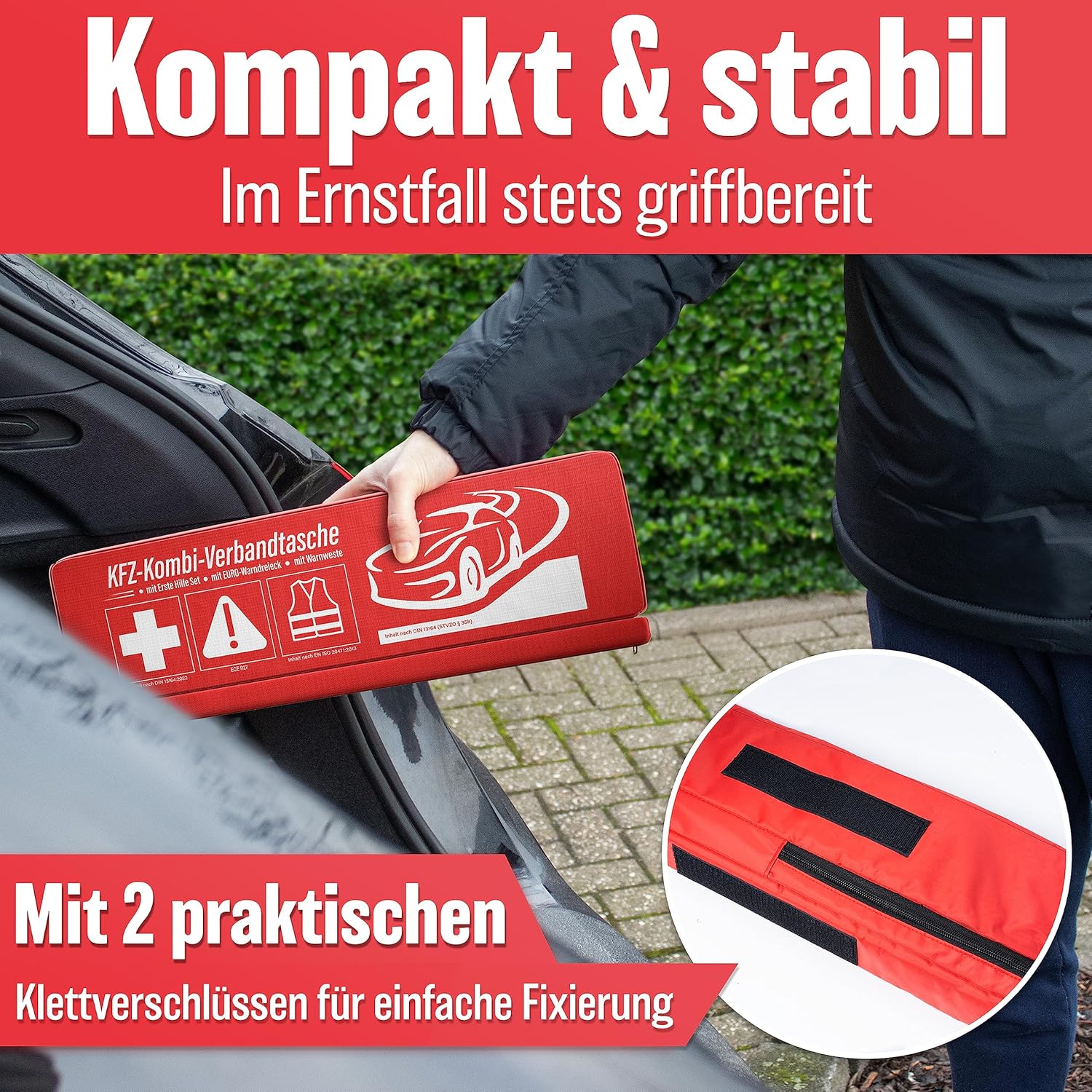 HELDENWERK PKW-Kombitasche (3 in 1) nach aktueller Norm 2026 – inkl. Warndreieck, Warnweste – Verbandskasten Warndreieck-Set Verbandskasten KFZ DIN 13164:2022 (StVO konform) – Bild 5