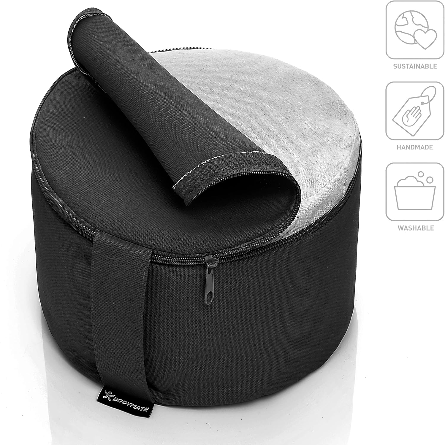 BODYMATE Extra-Hohes Yogakissen rund 31cm Durchmesser 20cm hoch Beige, Buchweizen-Spelz Füllung, Maschinenwaschbarer Bezug aus 100% extra dicker Baumwolle, Meditationskissen, Sitzkissen, Bodenkissen – Bild 2