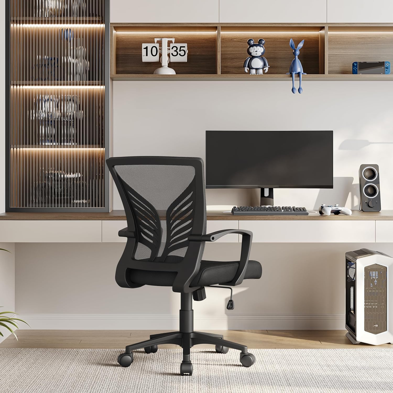 Yaheetech Bürostuhl, ergonomischer Schreibtischstuhl mit Wippfunktion, Drehstuhl mit gepolstertem Sitzkissen, Chefsessel, höhenverstellbar, für Arbeitszimmer/Büro, Schwarz – Bild 2