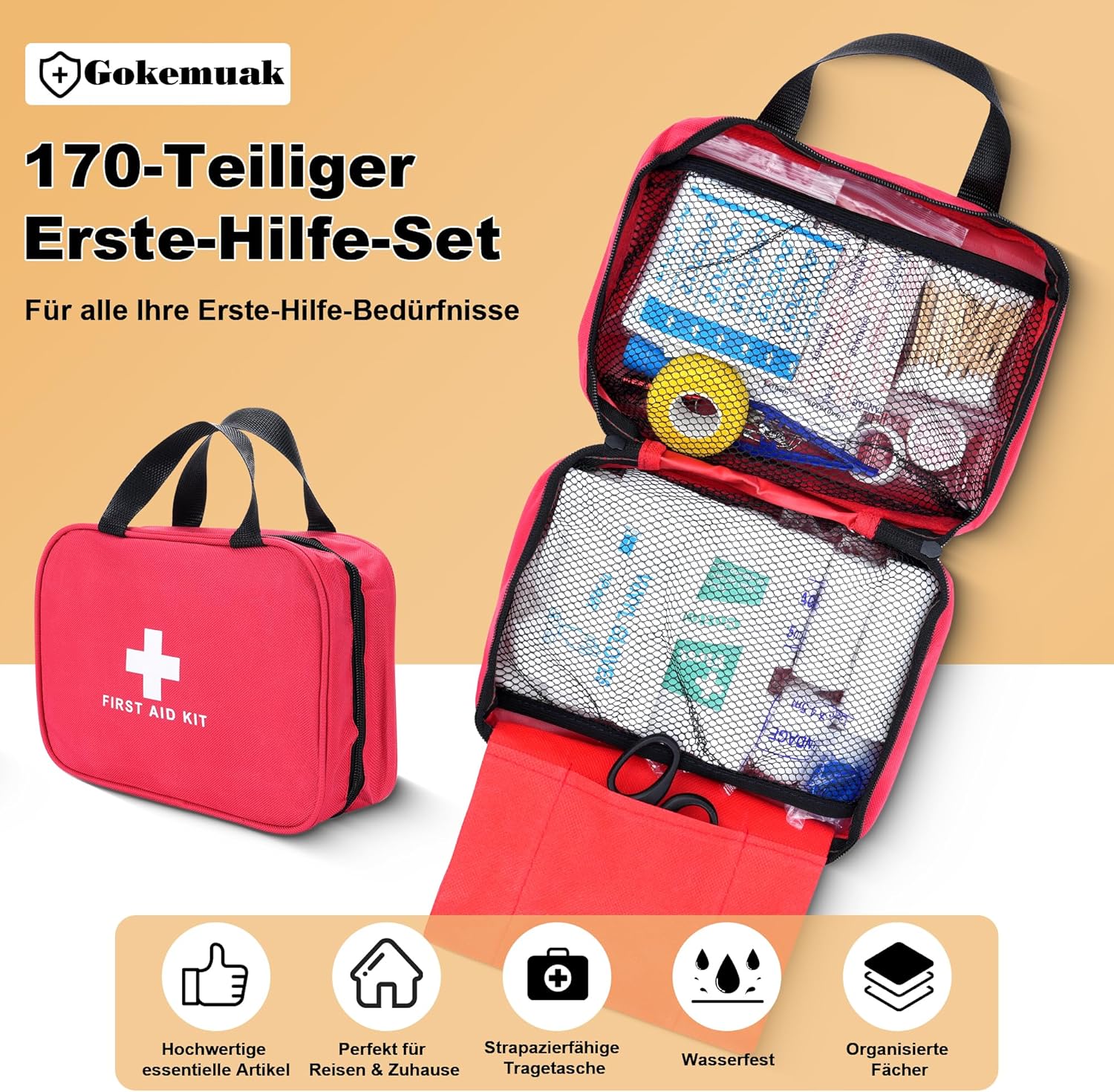 Erste-Hilfe-Set, 170-teiliges Erste-Hilfe-Set, Notfallausrüstung inkl. Bandagen, Notfalldecke, Pflaster, Mull, Pfeifen, Mull, Reiseapotheke für Zuhause, Auto, Outdoor – Bild 3
