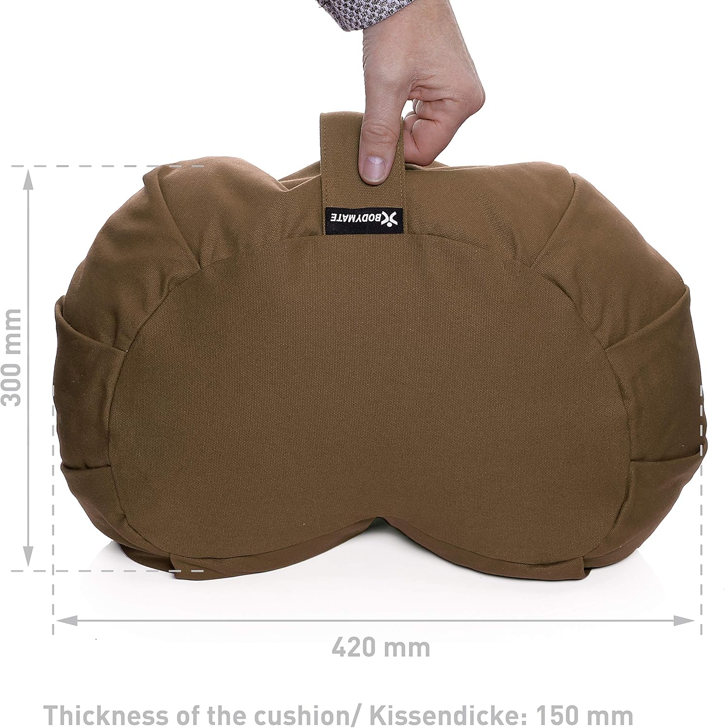 BODYMATE Halbmond-Yogakissen 42 cm lang, 30 cm breit und 15 cm hoch mit Buchweizenschalenfüllung – maschinenwaschbarer Bezug aus 100 % extra dicker Baumwolle – Meditationskissen – Sitzkissen – Bild 3