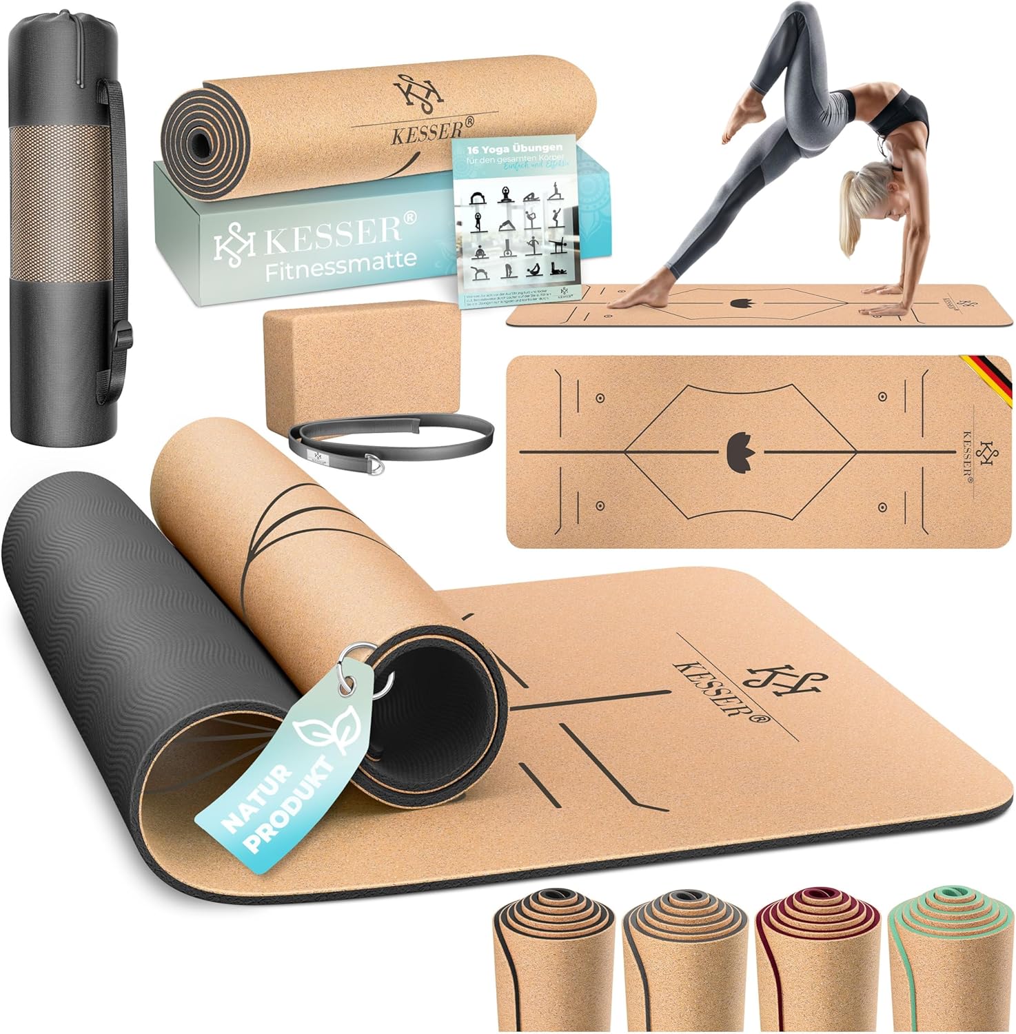 KESSER® Yogamatte aus Kork mit Tragegurttasche & Yogablock, Gymnastikmatte, Yogamatte, rutschfest, Naturkautschuk, TPE-Fitnessmatte, 183 x 62 cm, Trainingsmatte für Fitness, Sportmatte, Gymnastik, extra dick
