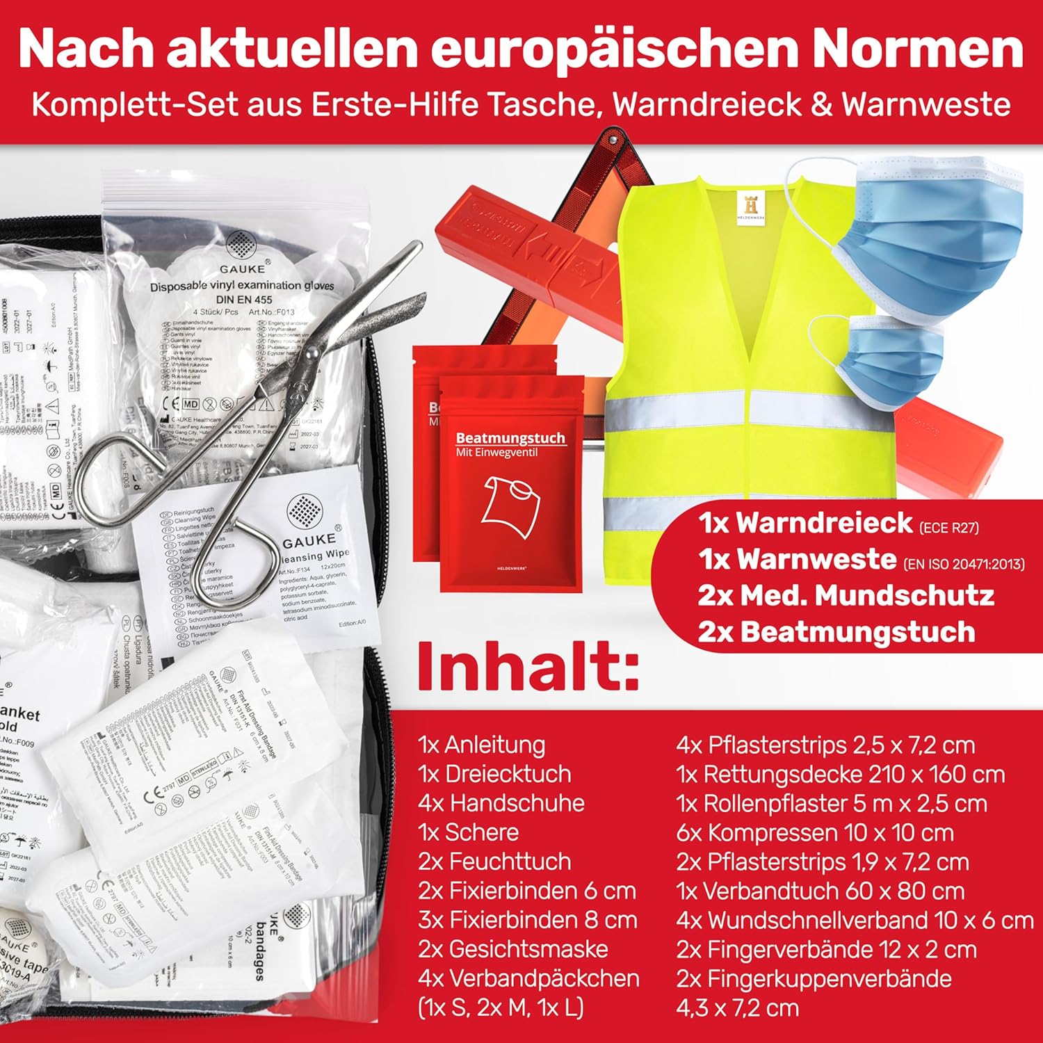 PKW Kombitasche (3 in 1) nach aktueller Norm 2026 - inkl. Warndreieck, Warnweste - Verbandskasten Warndreieck Set Verbandskasten KFZ DIN 13164:2022 (StVO konform) – Bild 2