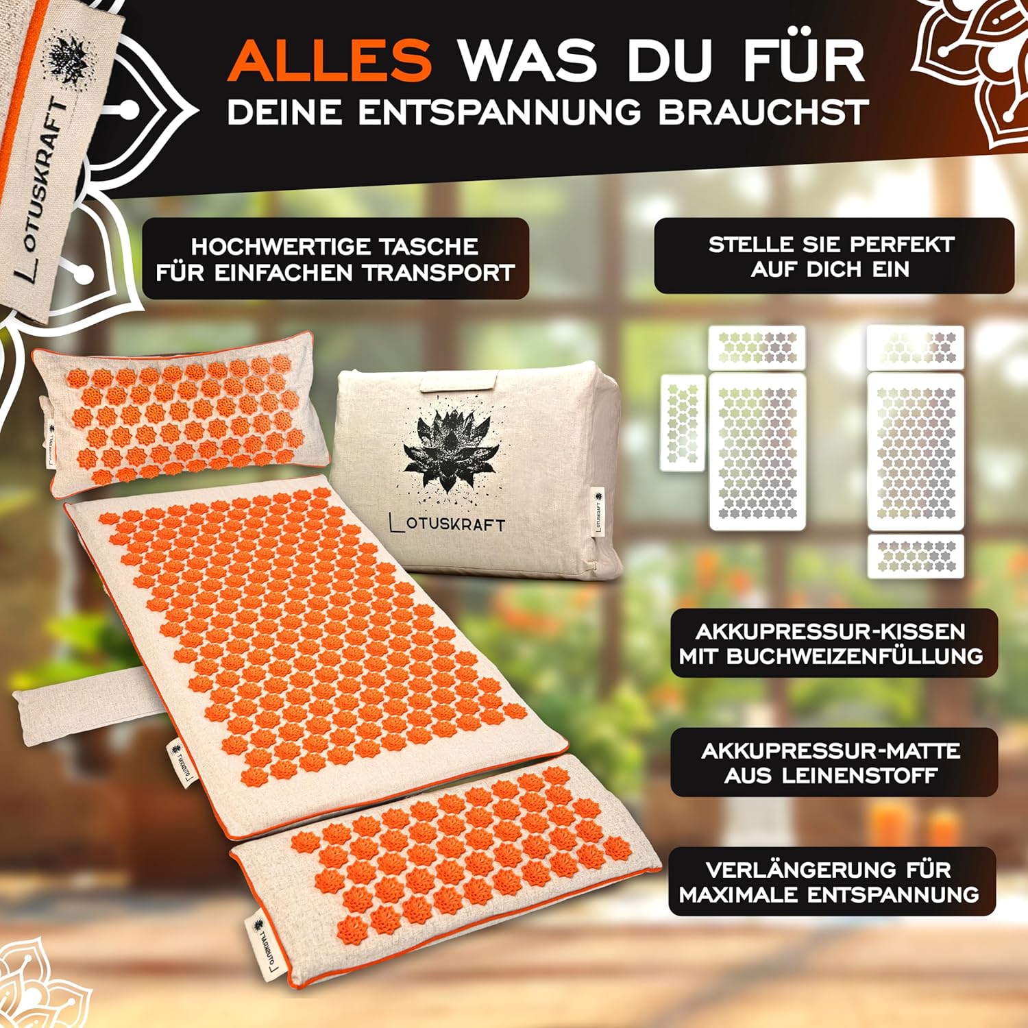 5-in-1 Akupressurmatten-Set mit Kissen, Ganzkörper-Akupunkturmatte zur Entspannung im Rücken, Nacken und Füßen, Nagelmatte, Stachelmatte, Fakirmatte, Akupressurmatte, Entspannungsmatte, XXL – Bild 3