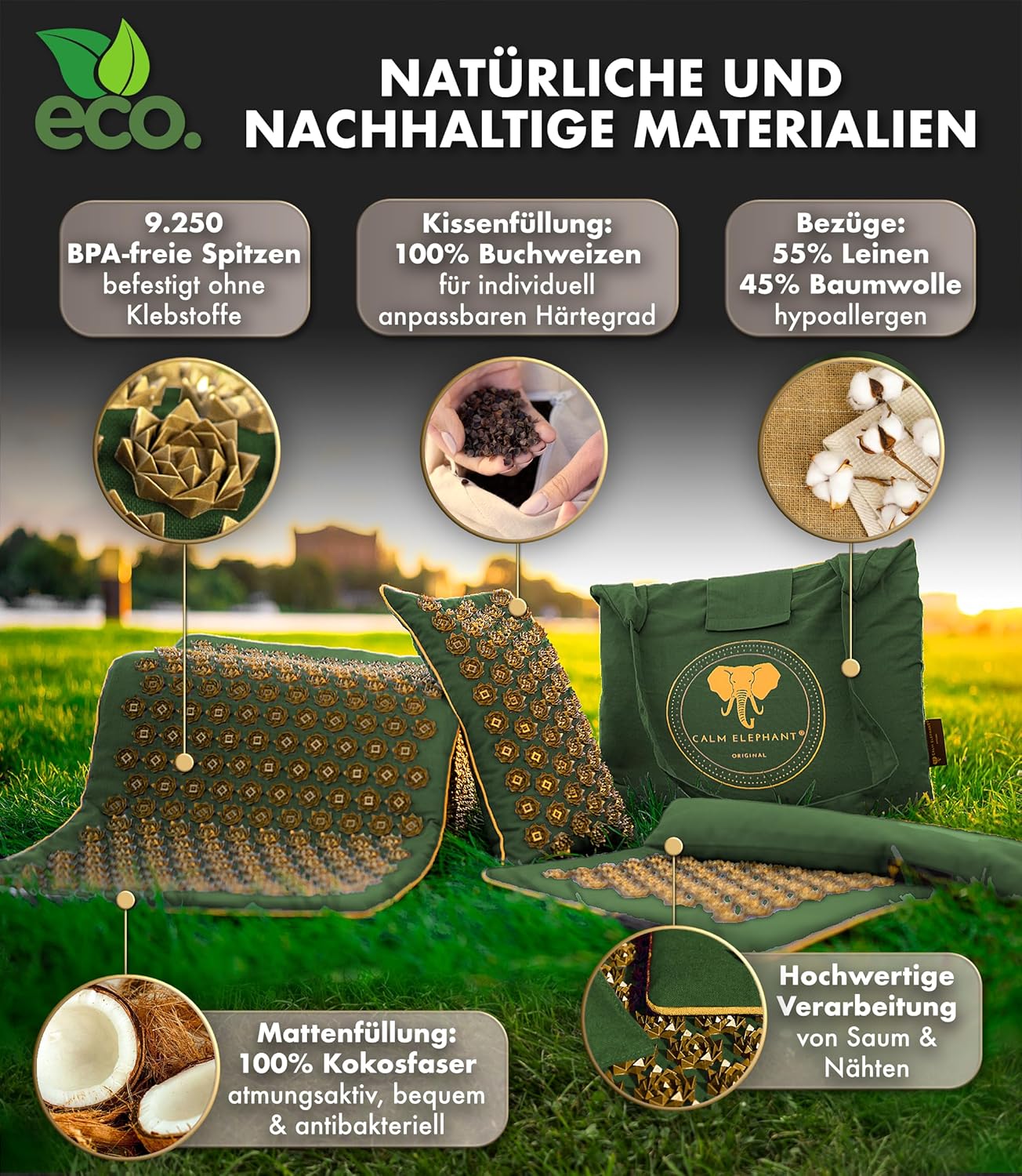 CALM ELEPHANT ORIGINAL Akupressurmatte mit Kissen XXL-Set, echte 5-teilige Massagematte, Rückenverspannungen lindern, Akupunkturmatte, Kissen mit Wärmefunktion, Lendenkissen, Fußmatte und Tasche, grün – Bild 4