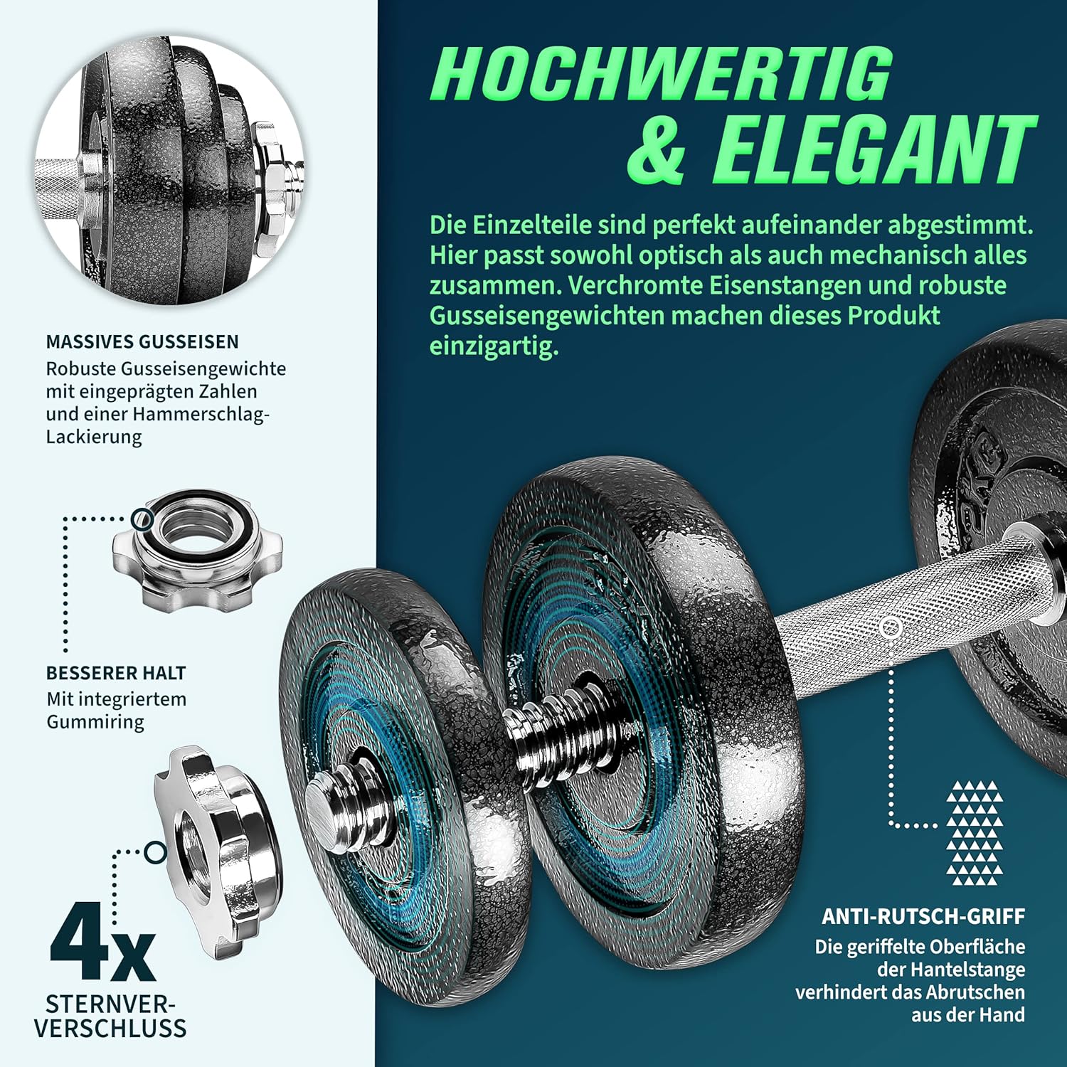 RE:SPORT 2 in 1 Hantelset 15-60 kg | Hantelset Gusseisen verstellbar | Kurzhantel und Langhantel | Spinlock-Kragen und Verbindungsrohr – Bild 3