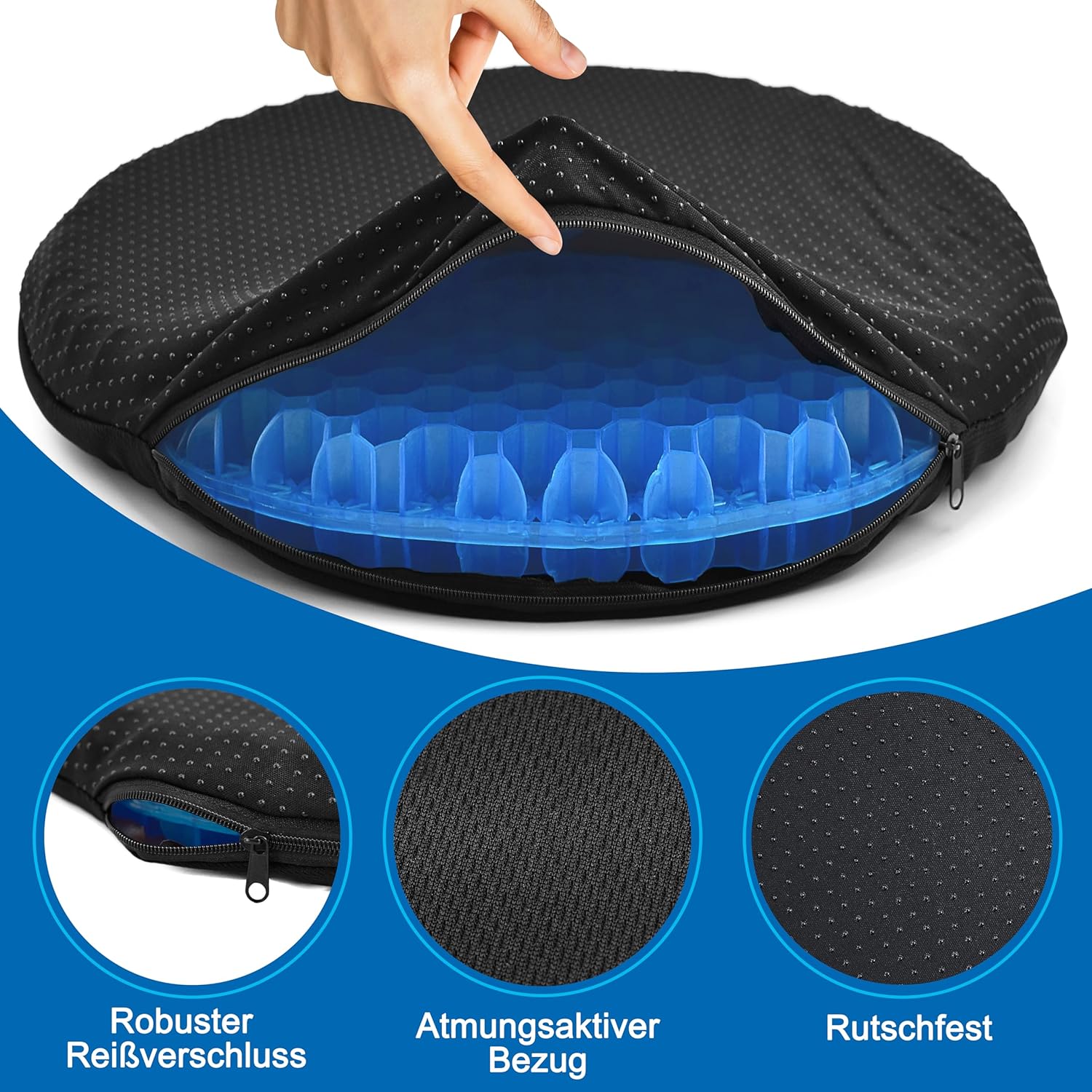 Gelkissen mit kühlender Gelschicht, Donut-Kissen gegen Steißbeinschmerzen, Autokissen, Sitzkissen rutschfest, orthopädisches Gesäßkissen für Hämorrhoiden, atmungsaktives orthopädisches Sitzkissen – Bild 4