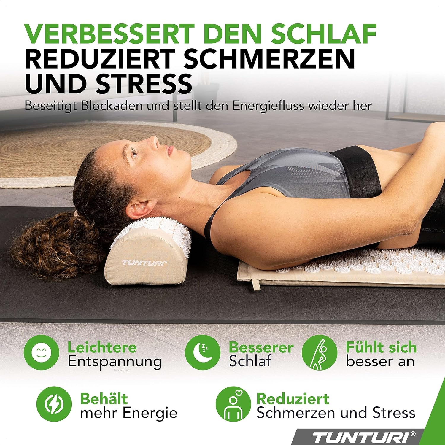 Tunturi Akupressurmatte mit Kissen – Akupunkturmatte – Stachelmatte für Rücken, Nacken, Fuß, Ganzkörper – 2-in-1-Nagelmatte, Akupressurmatte – Anti-Stress – 68 x 42 x 2 cm – Beige – Bild 2