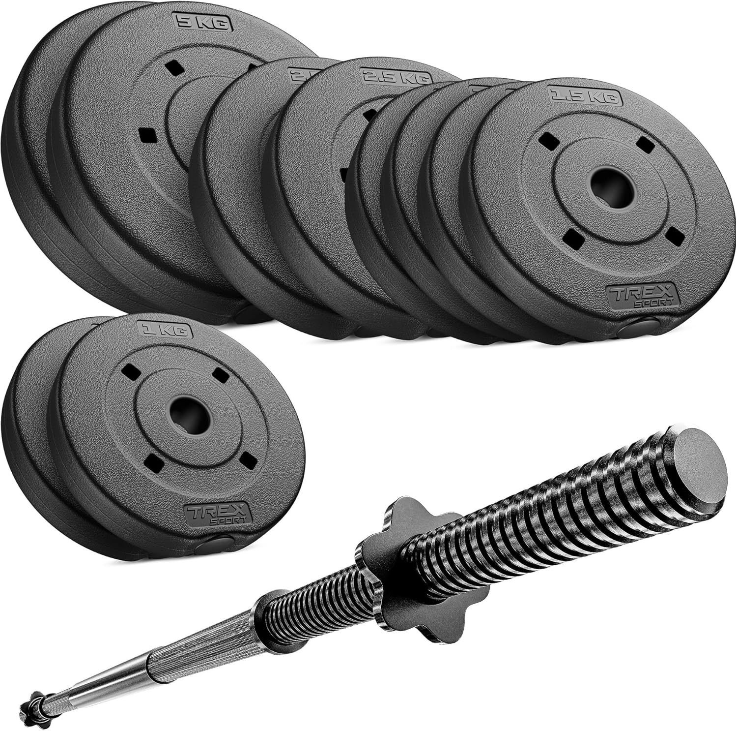 TREX SPORT Langhantelset 28 kg | Hantelset mit Langhantelstange 150 cm aus Stahl und 12 Hantelscheiben aus Kunststoff in Schwarz mit mattem Finish | Für das Krafttraining zu Hause – Bild 7