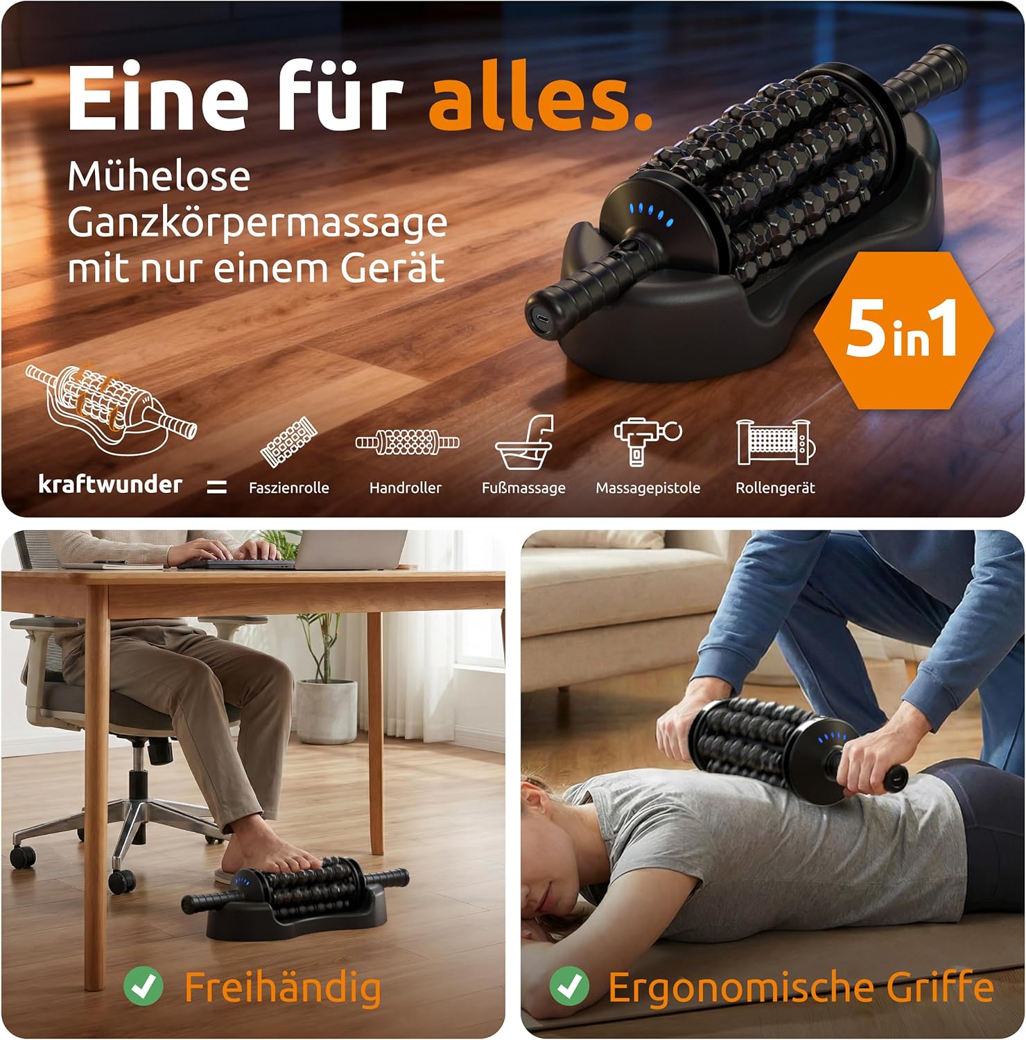Elektrischer Faszienroller – 8 rotierende Rollen mit Klopfmassage statt Bodengymnastik – Elektrischer Massageroller mit Griff & Fußstation – Tiefenroller für Rücken, Nacken & Beine (Schwarz) – Bild 4