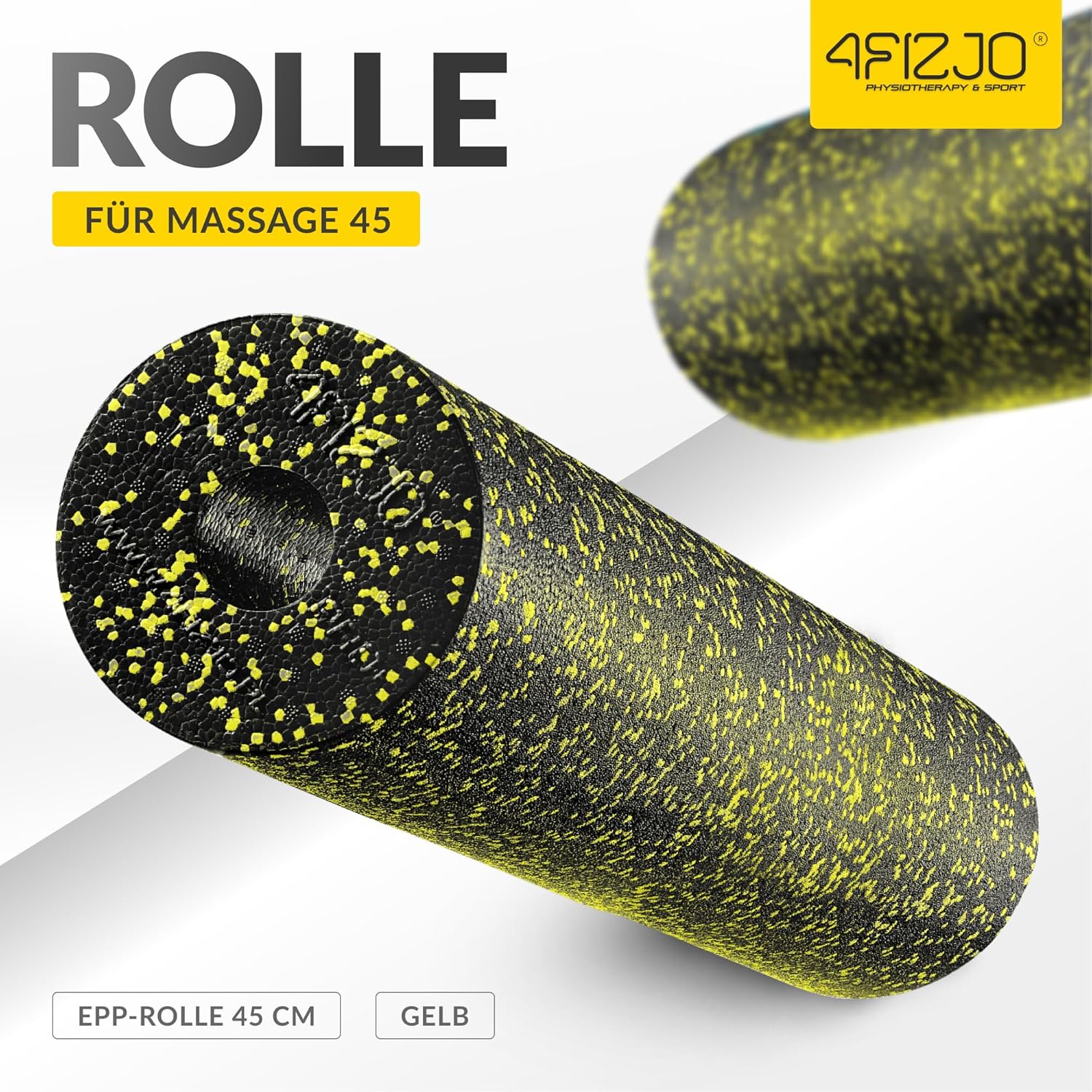 4FIZJO Faszienrolle Schaumstoff, Durchmesser 14,5 cm, Länge 45 cm, Massagerolle, Rückenrolle, Fitnessrolle, leicht, hart, Schaumstoffrolle, Faszientraining, Massagetraining, Schwarz/Gelb – Bild 12