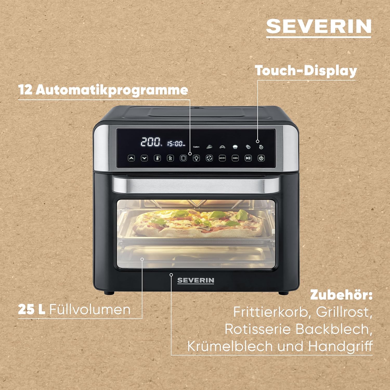 Severin 2-in-1 Toaster & Heißluftfritteuse, Heißluftfritteuse, 25 l, 12 Automatikprogramme, 2200 W, mit LED-Anzeige, Timer, inkl. Backblech, Grillrost, Frittierkorb, 40–220 °C, Schwarz/Silber, TO 9579 – Bild 7