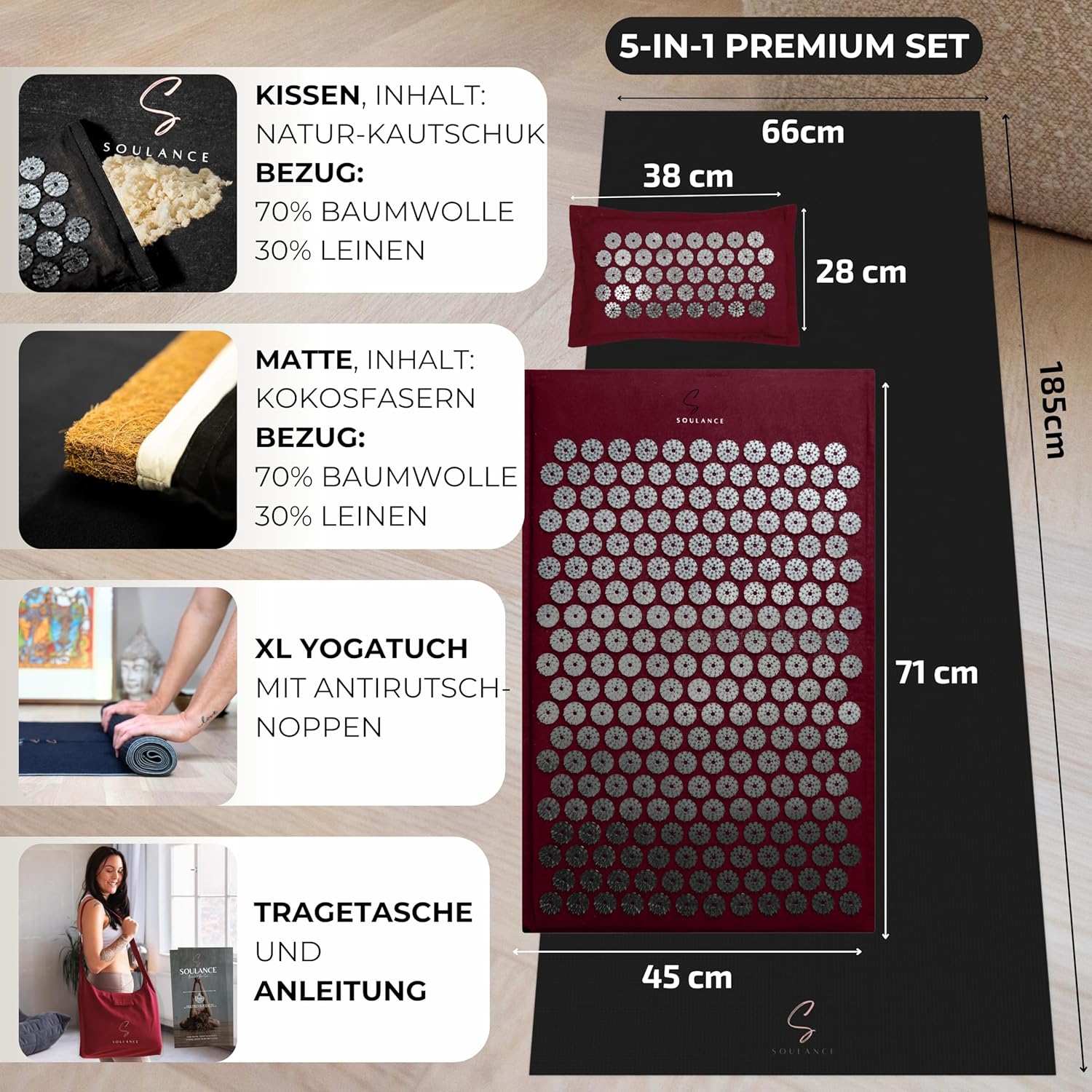 Akupressurmatte mit Kissen – 5-in-1-Premium-Set (inkl. Yogatuch) & Tragetasche, Kokosfaserfüllung – Massagematte, Akupunkturmatte bei Nacken- und Rückenschmerzen (Bordeaux) – Bild 6