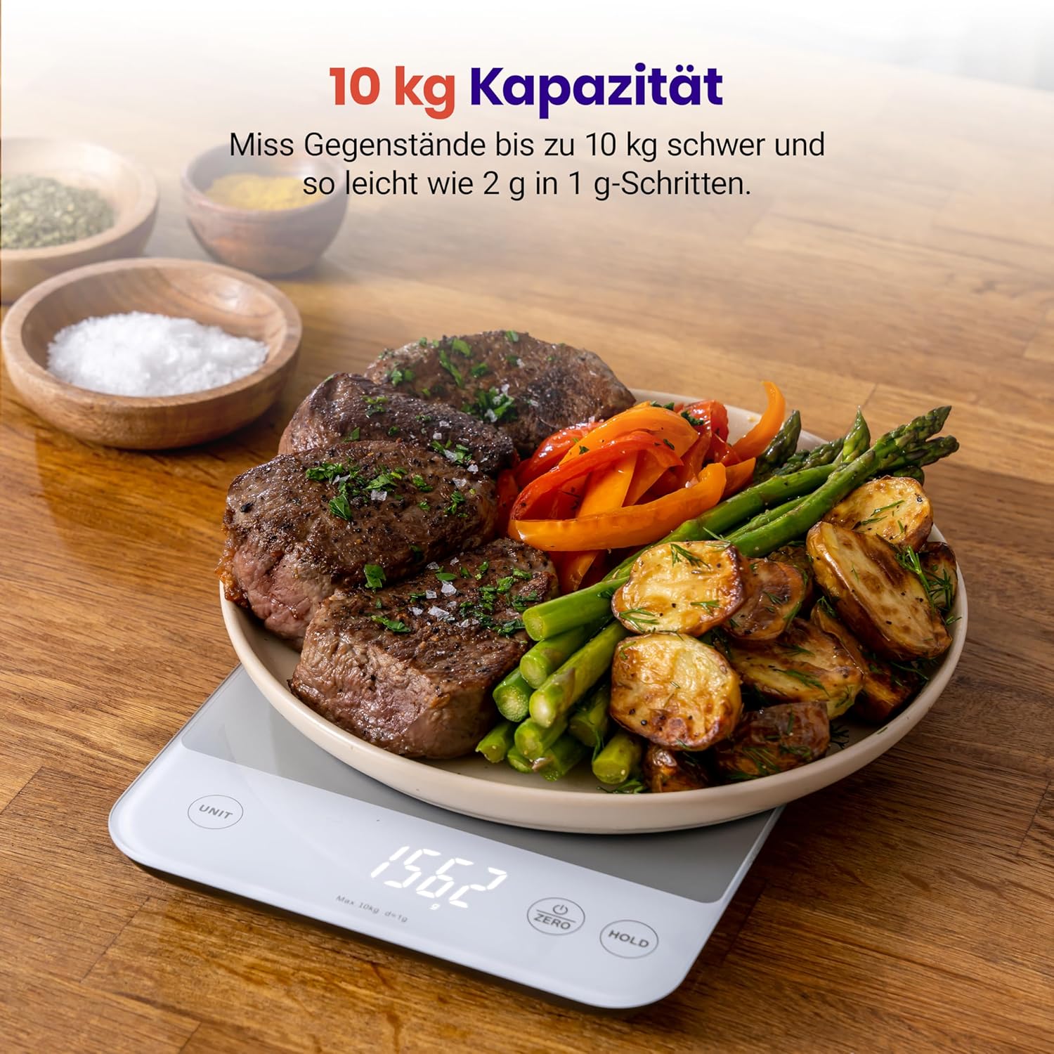 ETEKCITY Küchenwaage, Präzisionswaage 0,1 g genau, 10 kg digitale Küchenwaage mit großem LED-Display, wasserdichte Küchenwaage zum Abmessen von Flüssigkeiten, Tara-Funktion – 10 kg – 1 g – weißes Glas – Bild 2